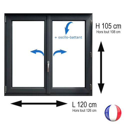 Fenêtre PVC 2 vantaux H 105 x L 120 cm OB anthracite pour pose en neuf avec poignée