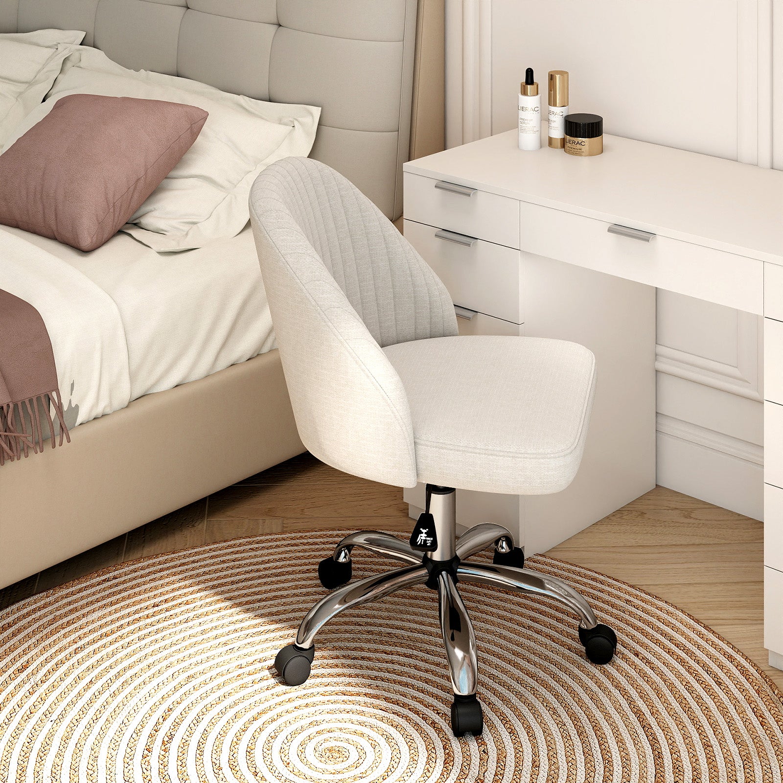 Chaise de Bureau Pivotante, Chaise de Coiffeuse sur Roulettes avec Siège Rembourré sans Accoudoirs, Réglable en Hauteur, Beige - 8