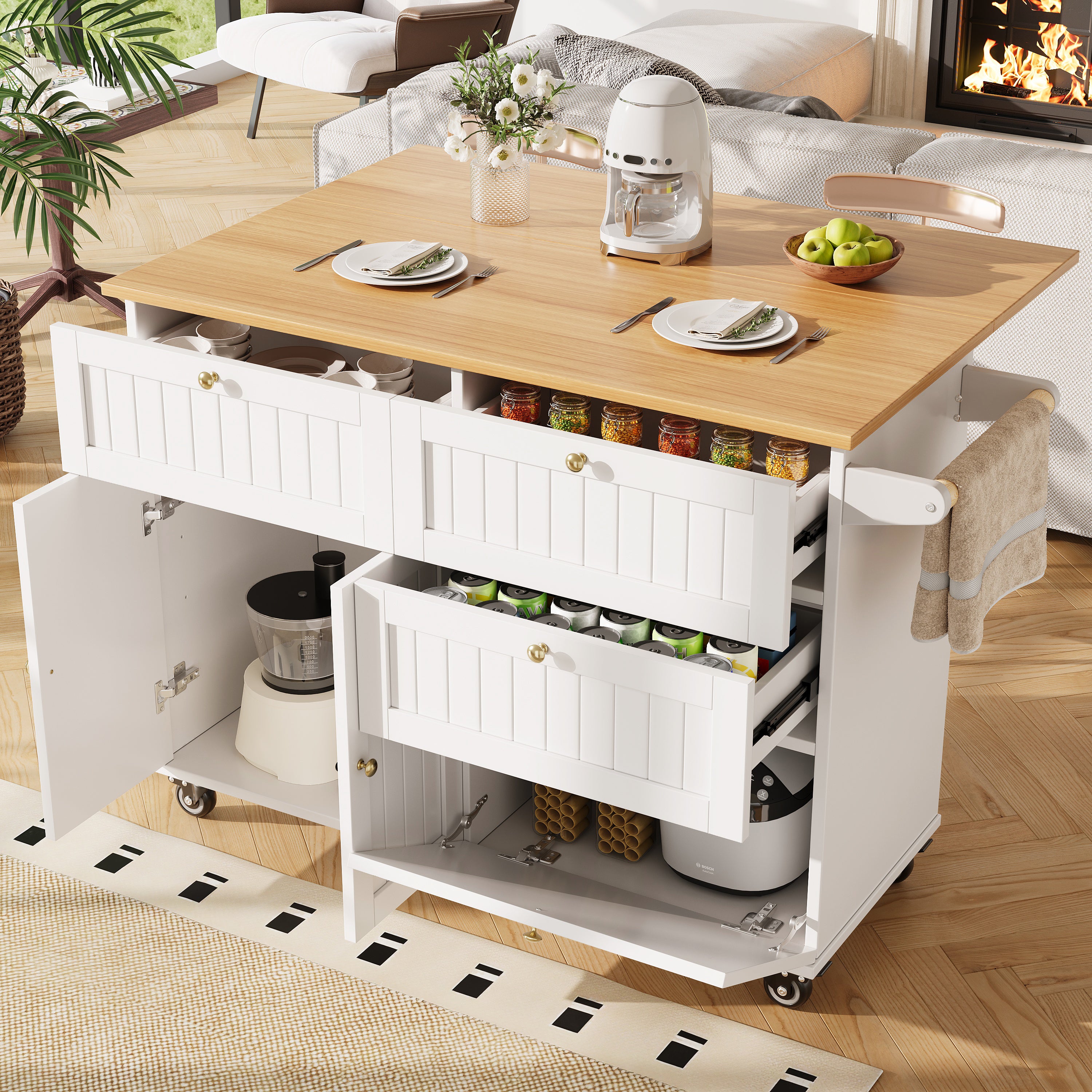 Îlot de cuisine, meuble de cuisine, meuble de salle à manger, chariot de salle à manger en grain de bois, table à manger multifonctionnelle, blanc - 2