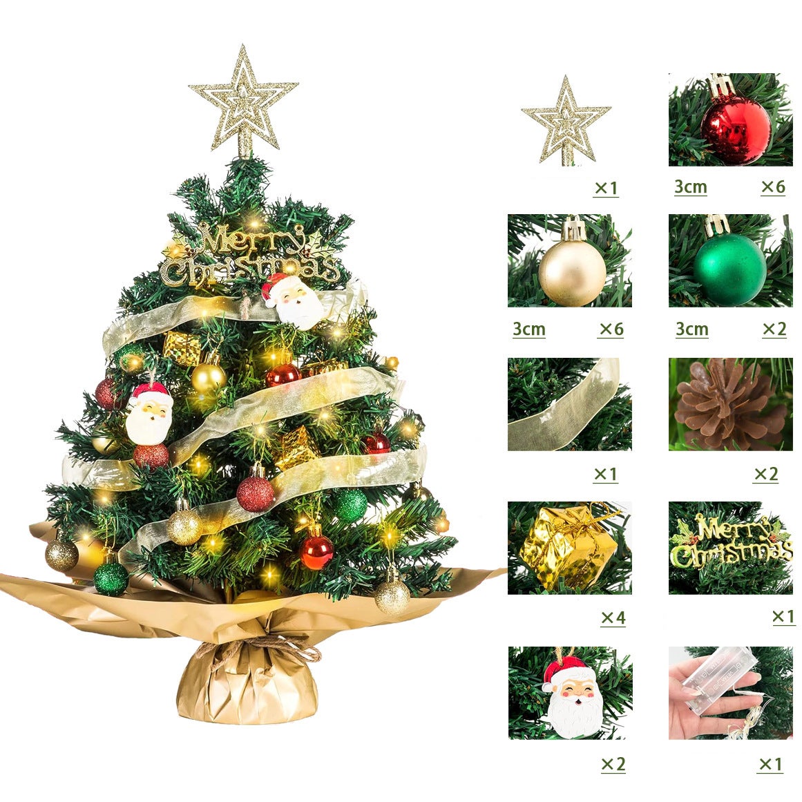 Sapin de Noël artificiel de 60 cm avec lumières LED, petit sapin de Noël de table avec ornements suspendus, décorations de Noël - 4