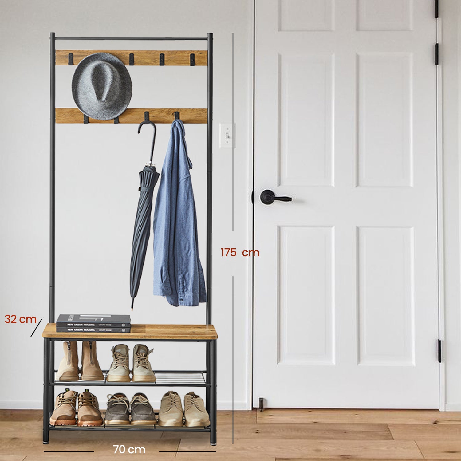 Portemanteau, 32 x 70 x 175 cm, Vestiaire avec Banc de Rangement pour Chaussures, Style Industriel, Marron et Noir - 5