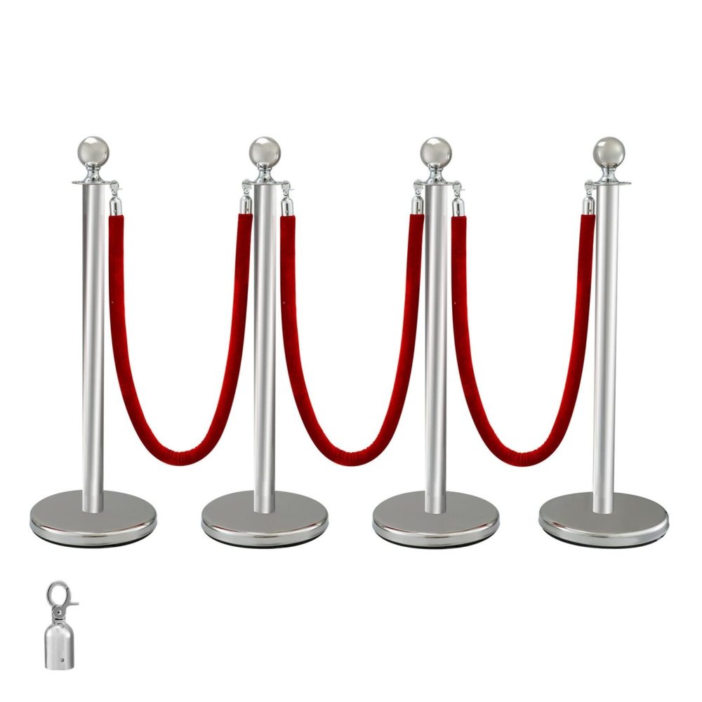 Postes delimitadores plateados de acero inoxidable 95cm con 3 cuerdas de terciopelo rojo150cm para eventos,bodas,alfombra roja y control de multitudes