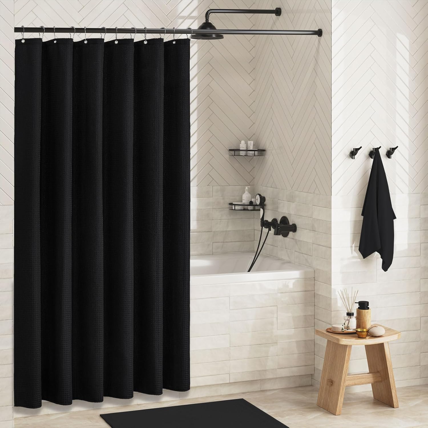Tenda Doccia Western Cowboy Nera 119x183 Cm Con Motivi Western - Tessuto Impermeabile Per Bagno Con Ganci Inclusi