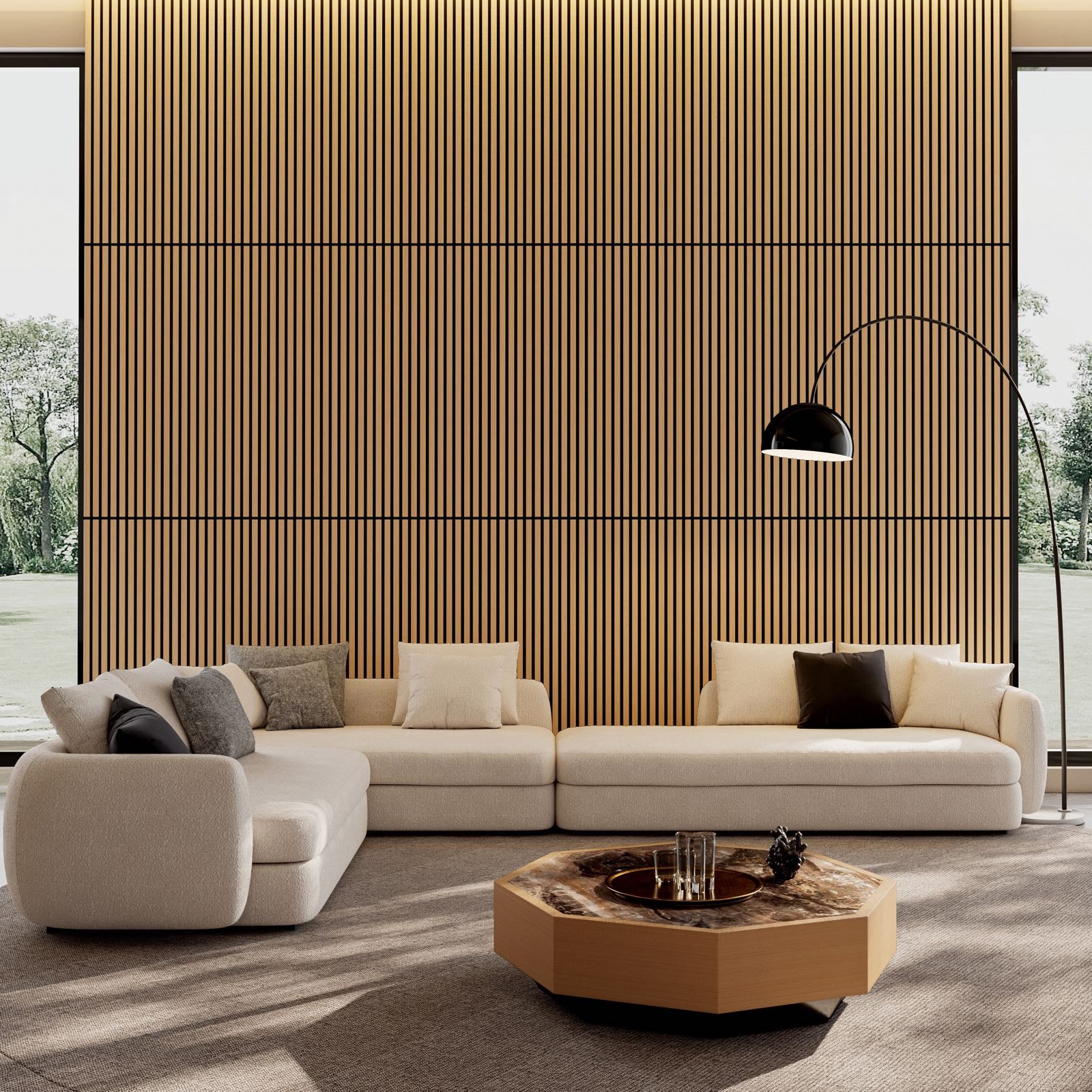 Lot de 4 panneaux acoustiques muraux à lattes de bois blancs, 3D rainurés, pour mur et plafond - 2