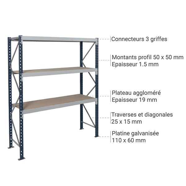 Rayonnage mi lourd 3 niveaux - Module de départ - 2000x2000x800mm -Charge 633kg/niveau - RAYOML/3N/2080/D1 - 4