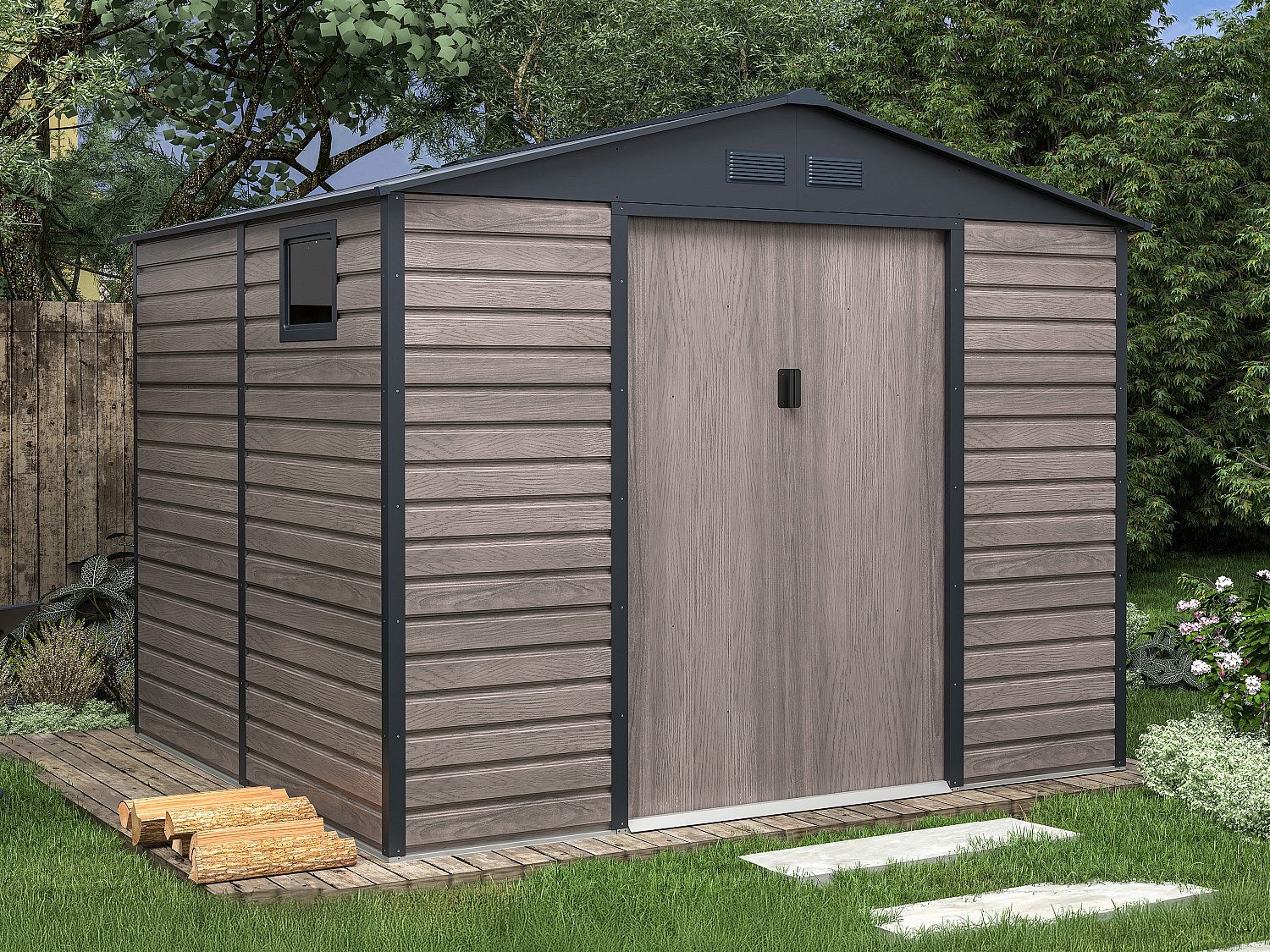Metalowa wiata ogrodowa z ocynkowanej stali imitującej szare drewno, 7,17 m² - ADELMO