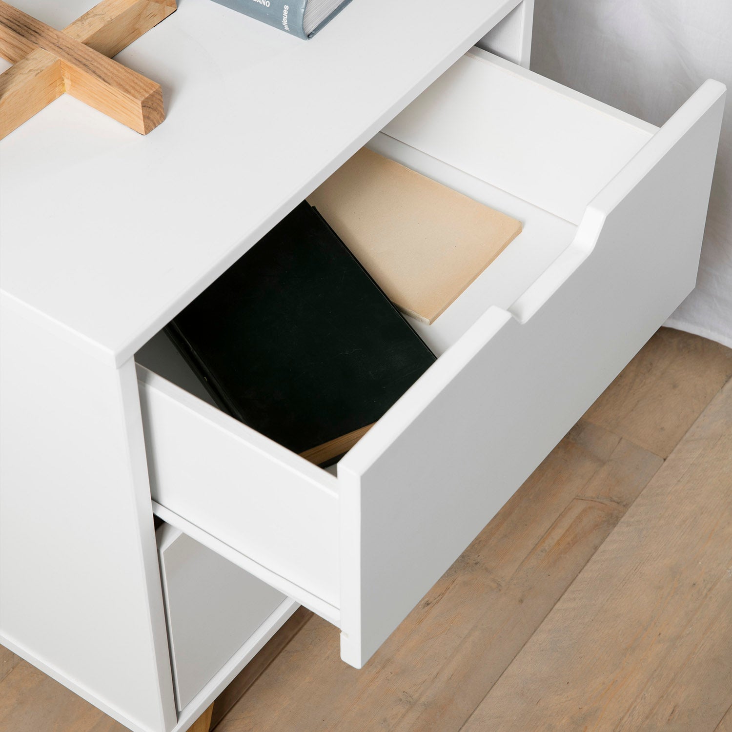 Table de Chevet Miranda 2 tiroirs Blanc, MDF laqué en couler Blanc - 7