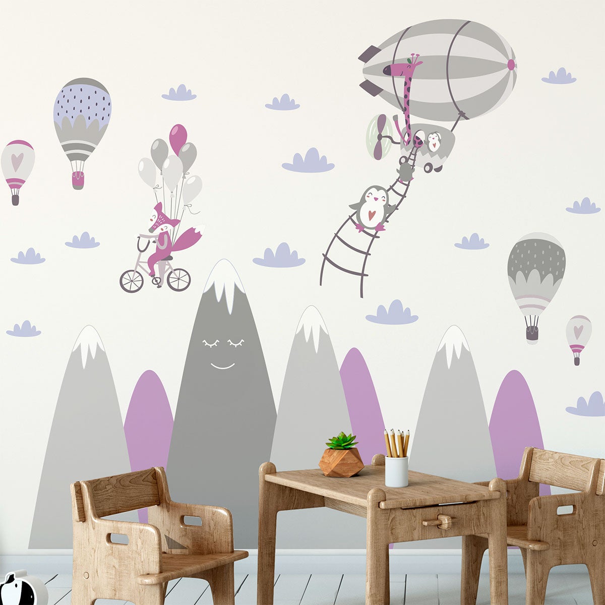 Vinilo niño escandinavo de montaña animales raros - adhesivo de pared - revestimiento sticker mural decorativo - 90x135cm - 5