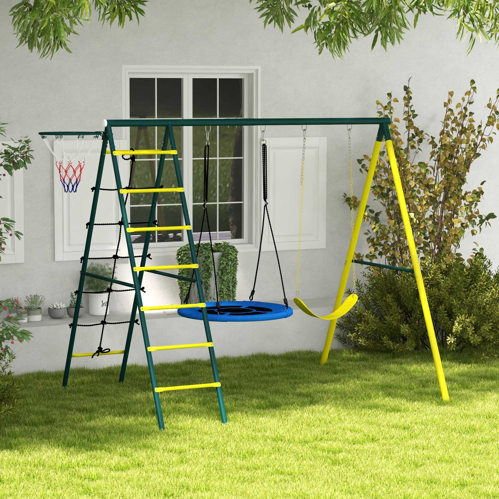 Baloiço Infantil Outsunny Aço, PE Amarelo 267x180x202 cm - 2