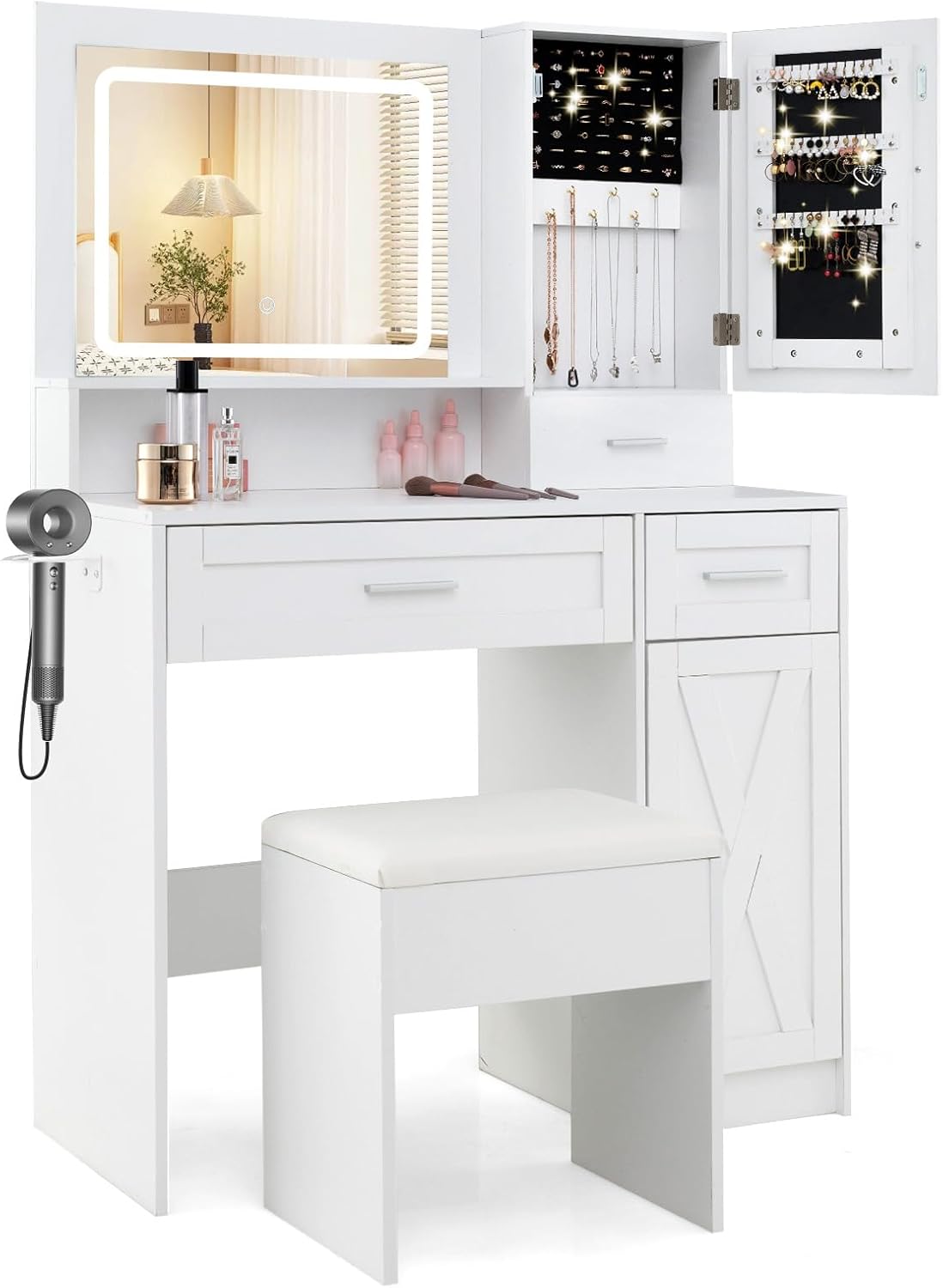 Moimhear Tavolo Da Toeletta Con Specchio LED E Sgabello Portaoggetti - Bianco, 3 Cassetti