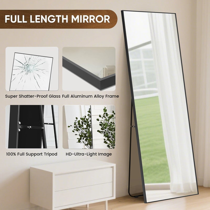 Specchio a figura intera, 162 x 52 cm, specchio autoportante con supporto, specchio quadrato a figura intera, nero, autoportante o inclinabile. - 5