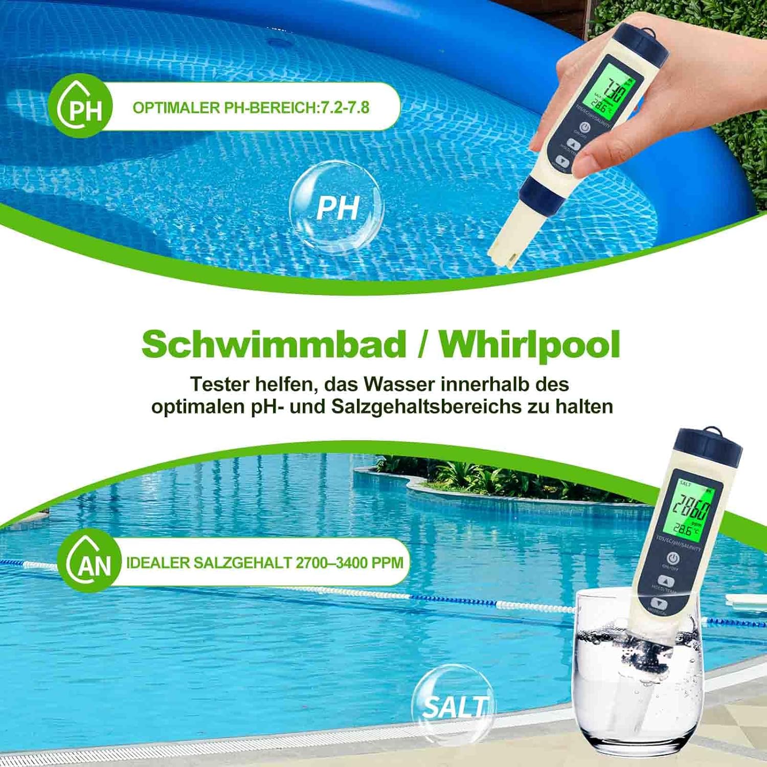 Testeur de pH 5 en 1 avec écran LCD, pH/TDS/EC/salinité/thermomètre,testeur d'eau de haute précision - 2