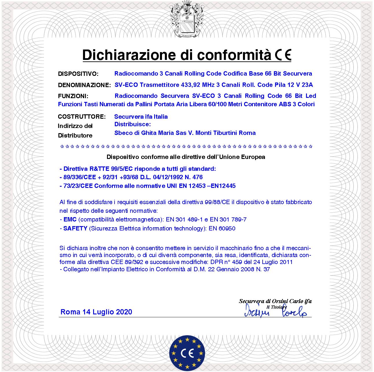 Radiocomando Cancello Automatico Cinque Pezzi Frequenza 433,92 MHz 3 Canali Numerati Potenza 1 mW Portata Libera 60/100 MT Codice Sicurezza Securvera - 4