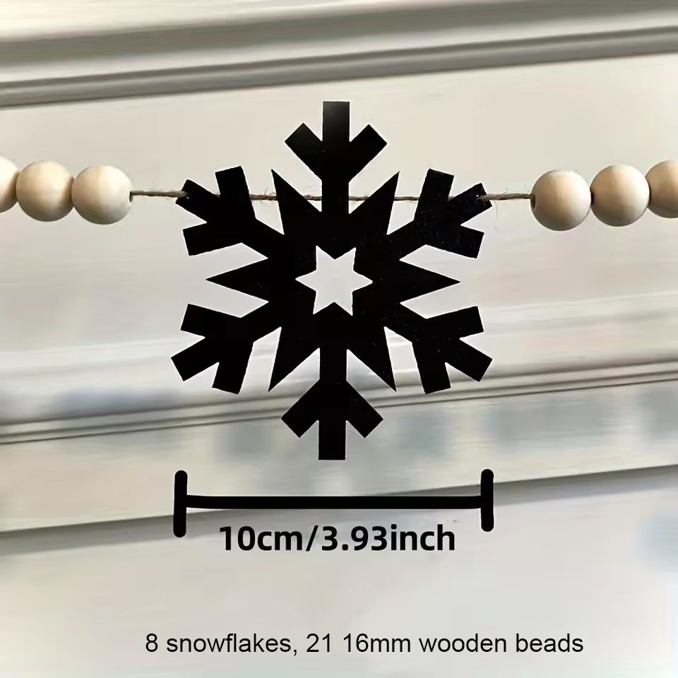 Set 4 ghirlande fiocco di neve nero in feltro e perline legno, banner Natale per camino invernale, decorazioni cozy farmhouse, atmosfera calda casa - 2