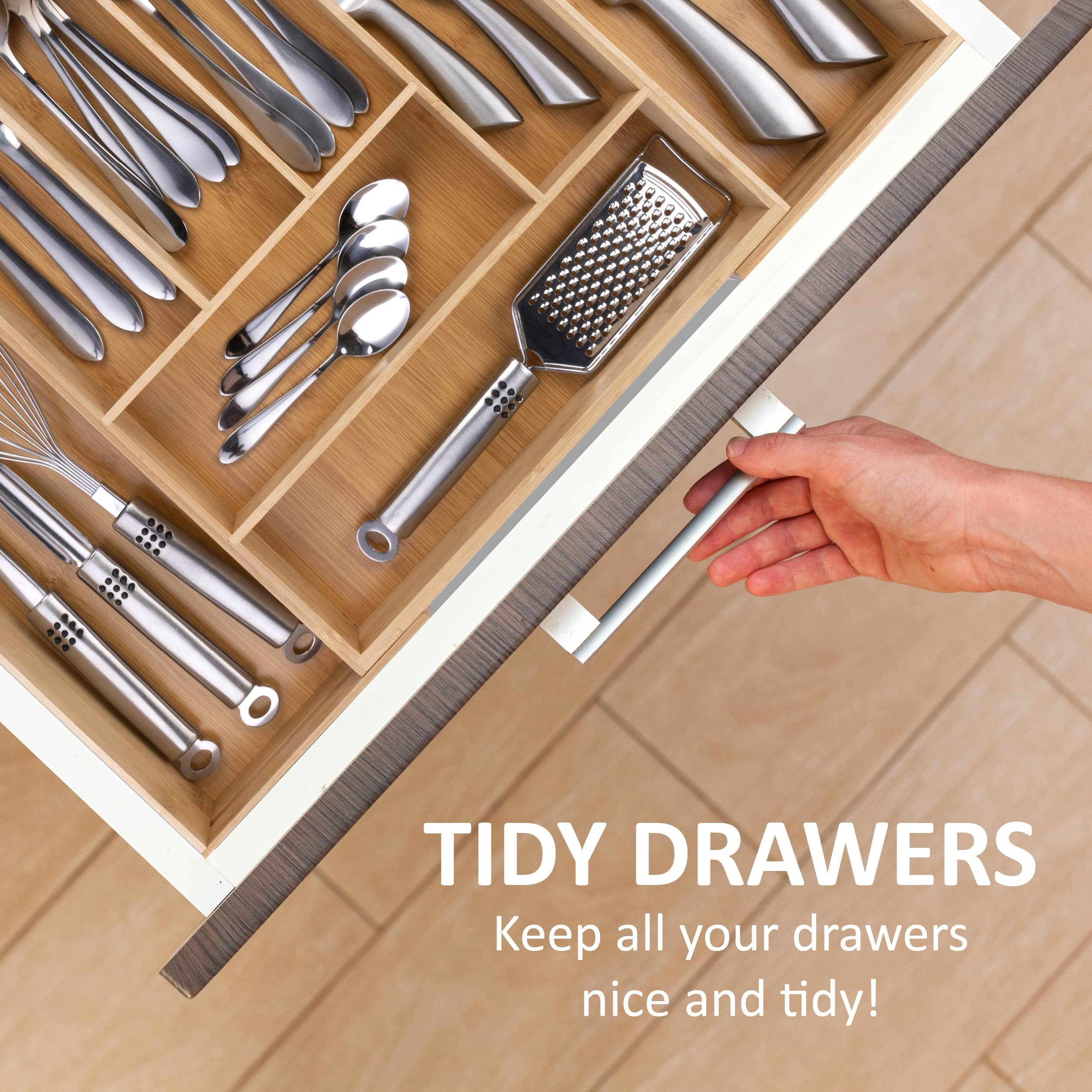 alpina Portaposate da Cassetto - Organizer Casetti Cucina Estensibile 46 x 34-56,5 x 6 cm - Organizzatore Cassetti con 6 a 8 Scomparti - Per Utensili - 4