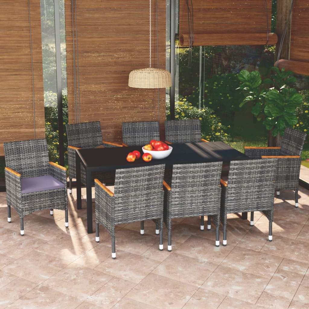 Table De Jardin 150x90x75 Cm Verre Trempé Et Rotin Gris - Meuble D'Extérieur Solide, Facile à Nettoyer, À Assembler