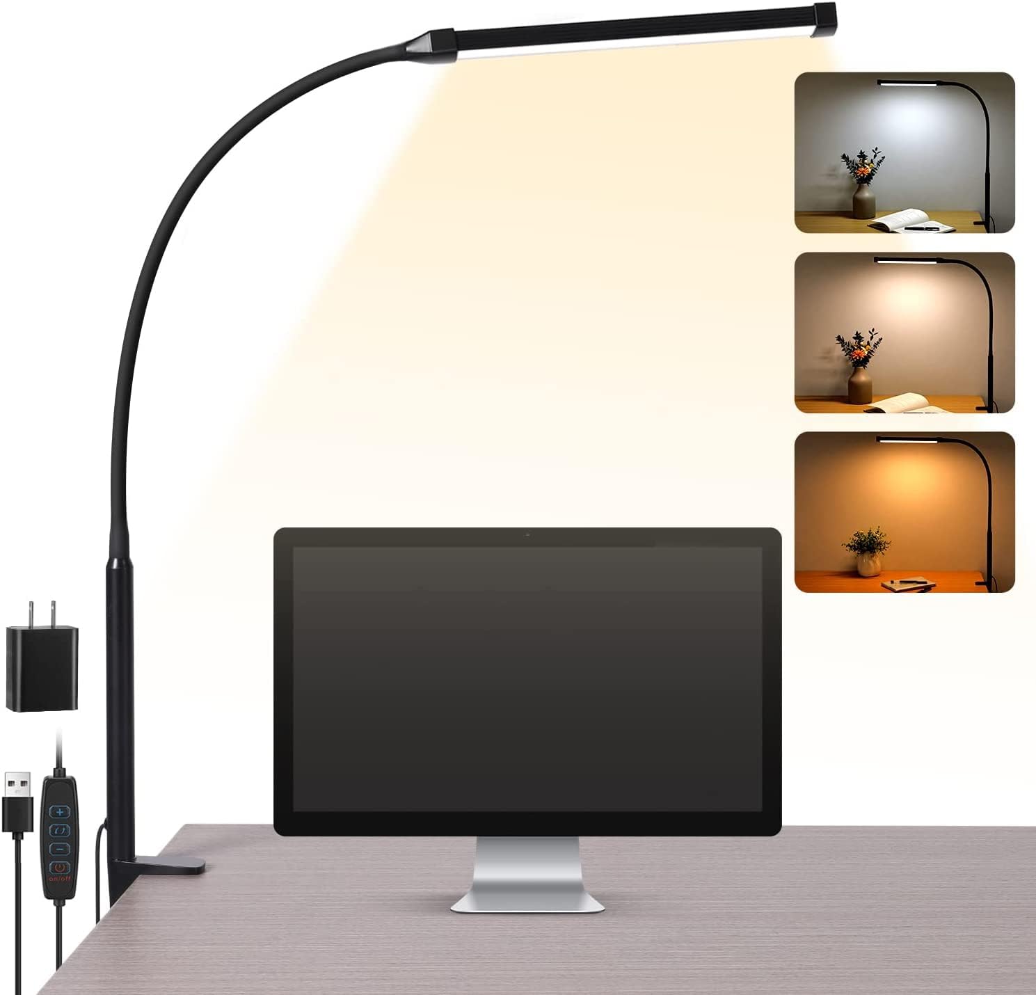 Lampe De Bureau LED à Intensité Variable Pour Soins Des Yeux, 3 Couleurs Changeantes, 10 Niveaux De Luminosité, Lampe à Clipser Pour Chambre à Coucher, Lampe De Table LED (noir