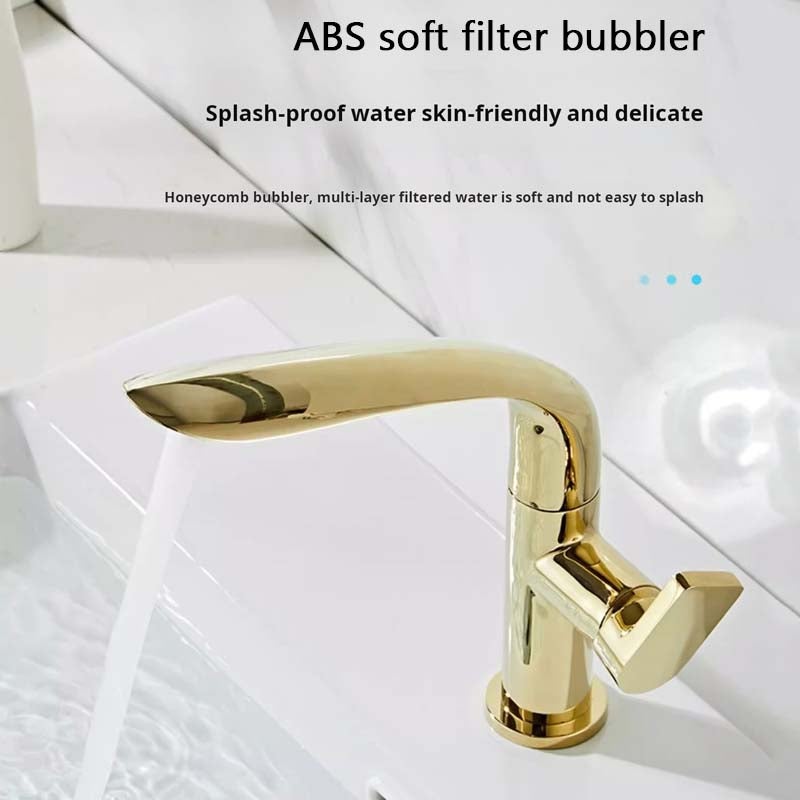Mitigeur lavabo en laiton brossé or, robinet salle de bain 360° rotatif, double commande eau chaude et froide, mousseur ABS doux - 4