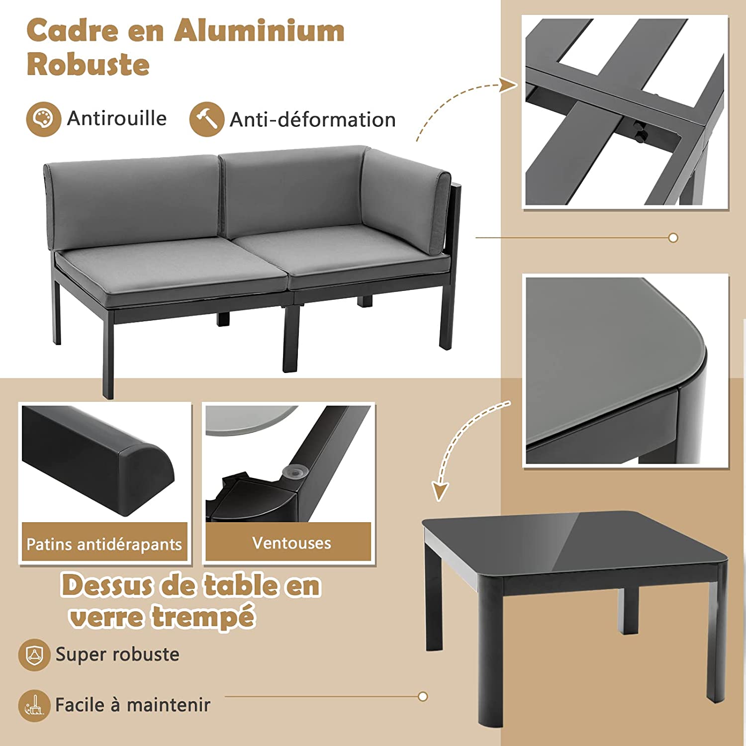 Set di Divani in Alluminio per Patio, Divano a Posti con