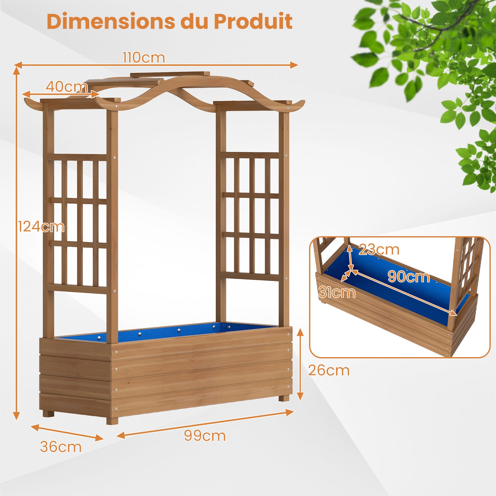 Jardinière avec 2 Treillis Latéraux Toit Suspendu en Bois, Lit de Jardin Surélevé Bac Inférieur pour Fleurs Légumes Plantes Grimpantes, pour Jardin - 5