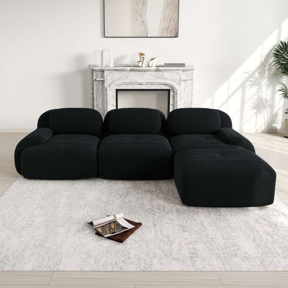 Ergonomiczna, modułowa sofa narożna z prążkowanej tkaniny, przyjazna dla zwierząt, z wypełnieniem o wysokiej elastyczności 32D, do salonu i sypialni