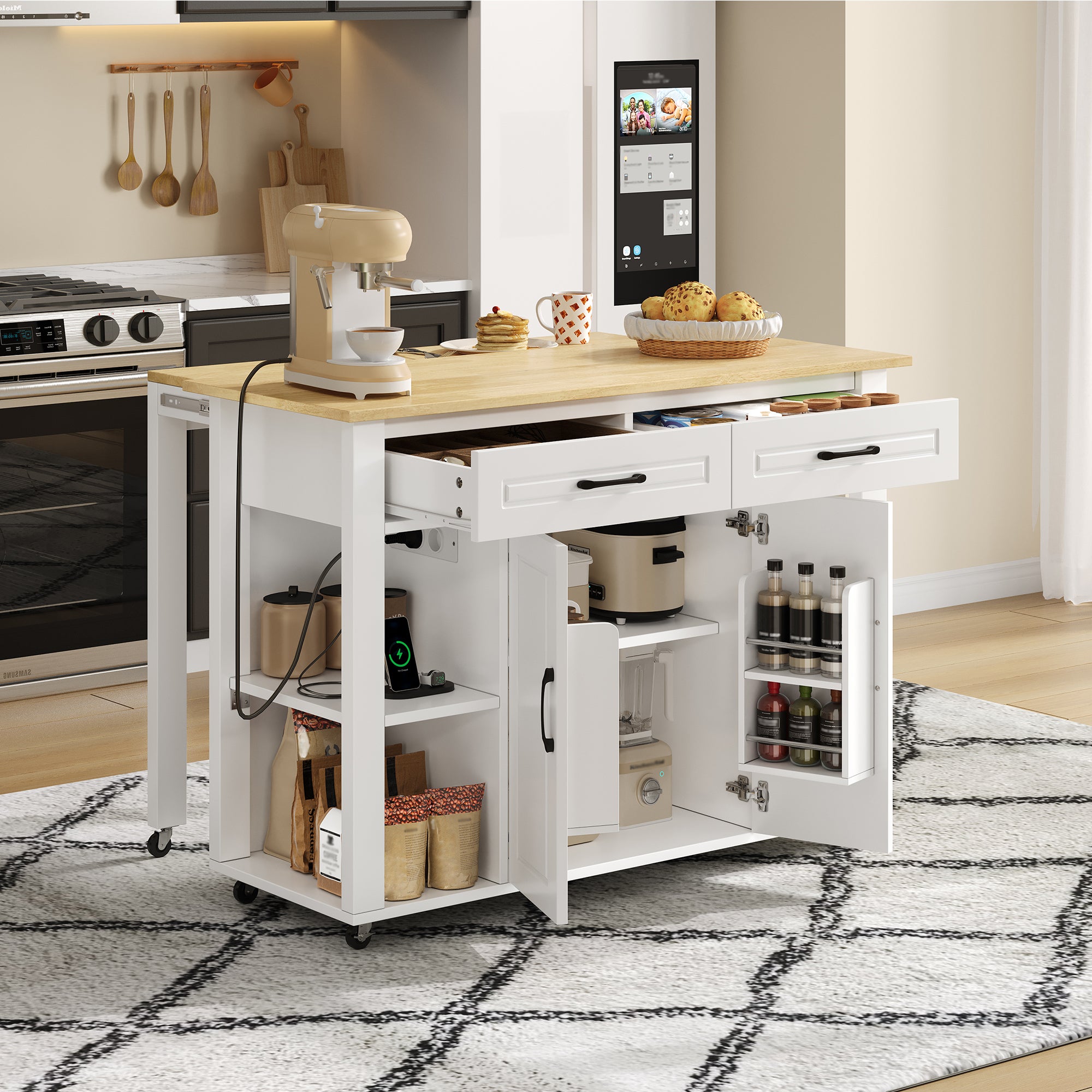 Îlot de cuisine moderne, meuble de cuisine, buffet, desserte avec finition bois, table à manger