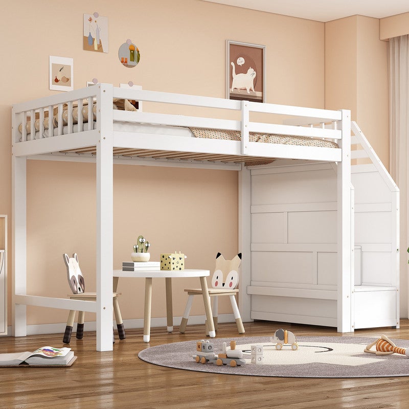 Lit mezzanine 90x200,Multifonctionnel Lit Superposé Enfant avec Escaliers de Rangement et Barrière,Lit Hauteur en bois ,Blanc - 3
