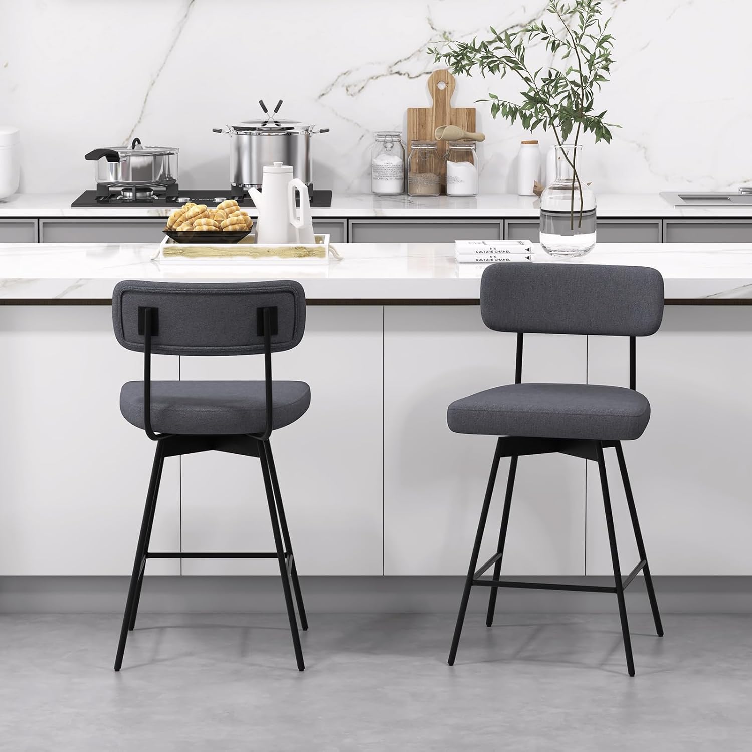 2-częściowy zestaw obrotowych stołków barowych z oparciem i podnóżkiem, wysokość siedziska 63,5 cm, krzesło kuchenne z metalową ramą (kolor szary) - 4