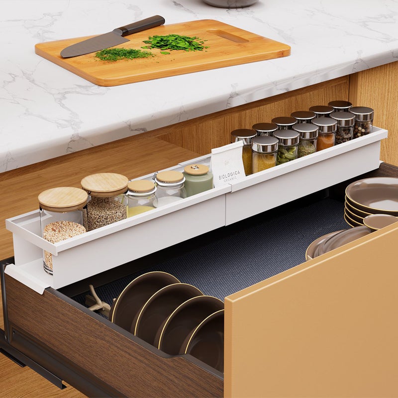 Étagère à épices réglable, séparateur extensible pour tiroir, organiseur monocouche pour rangement sous armoire et évier,essentiels de cuisine,Blanc - 5