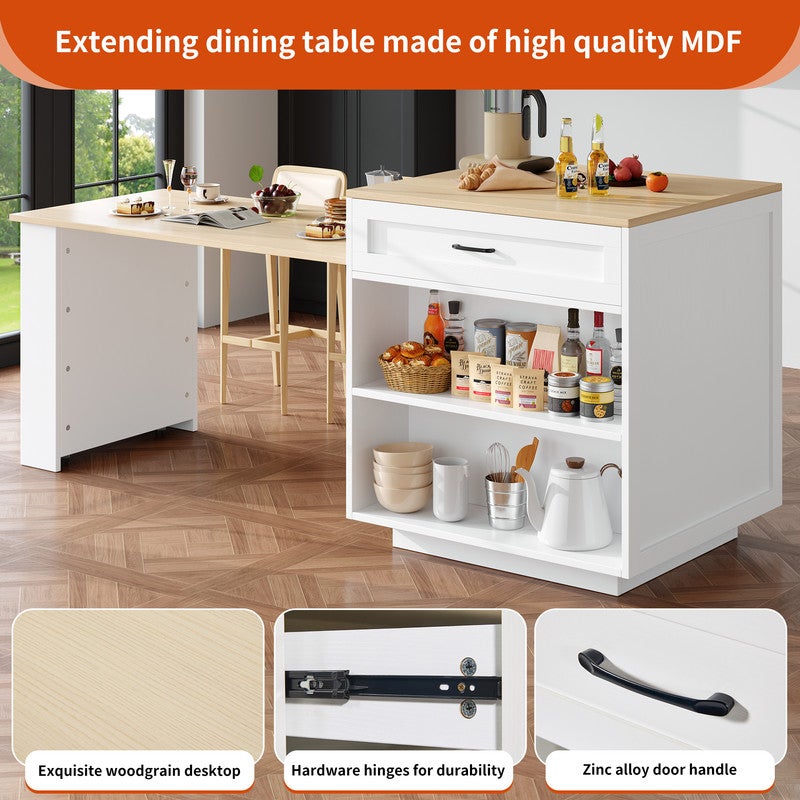 Table a Manger Extensible avec Espace de Rangement, Desserte Cuisine avec Deux tiroirs et Quatre Compartiments,Blanc(133-202×70×93,5cm) - 7