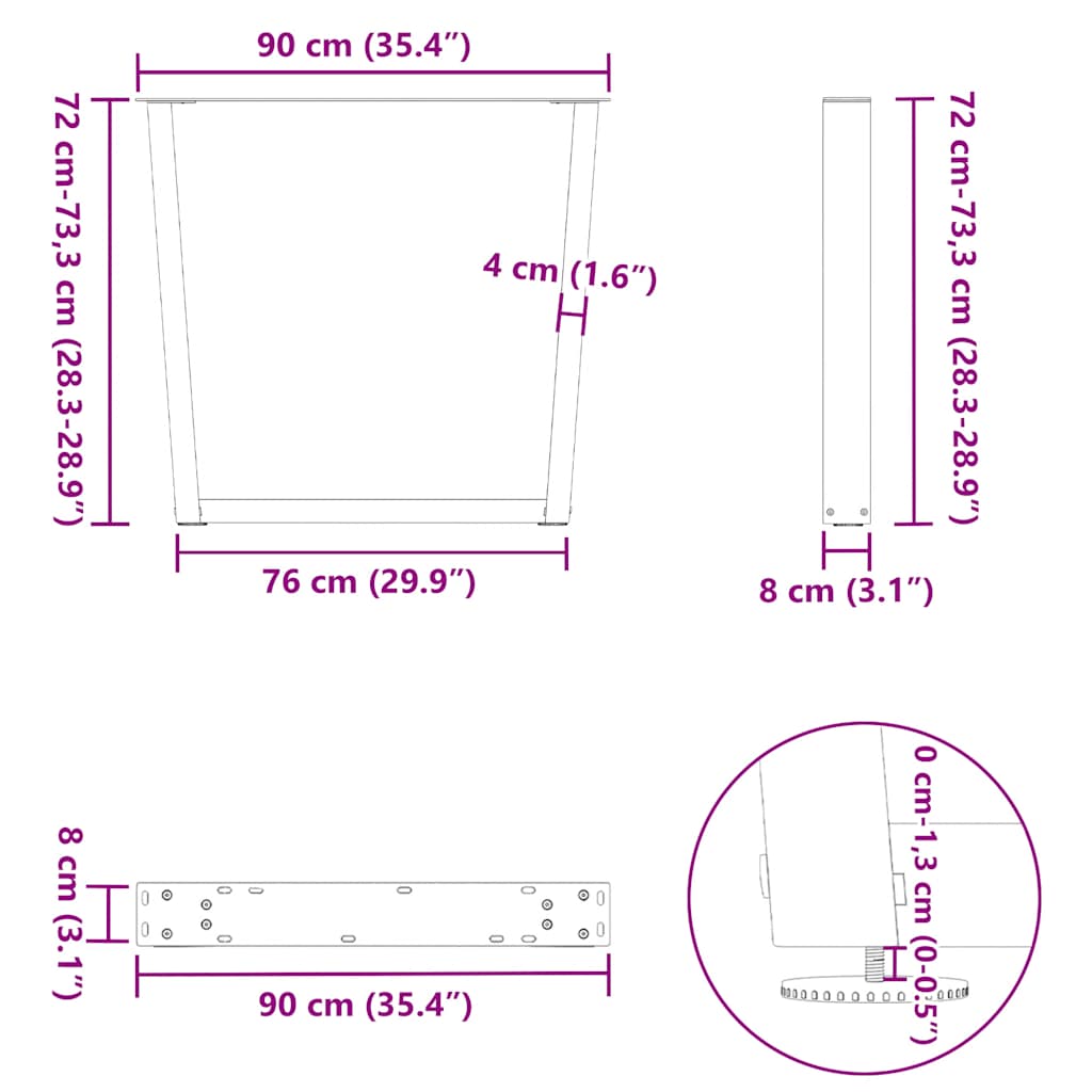 Pieds de table à manger en forme de V, 2 pièces, anthracite, 90 x (72-73,3) cm, acier vidaXL - 3