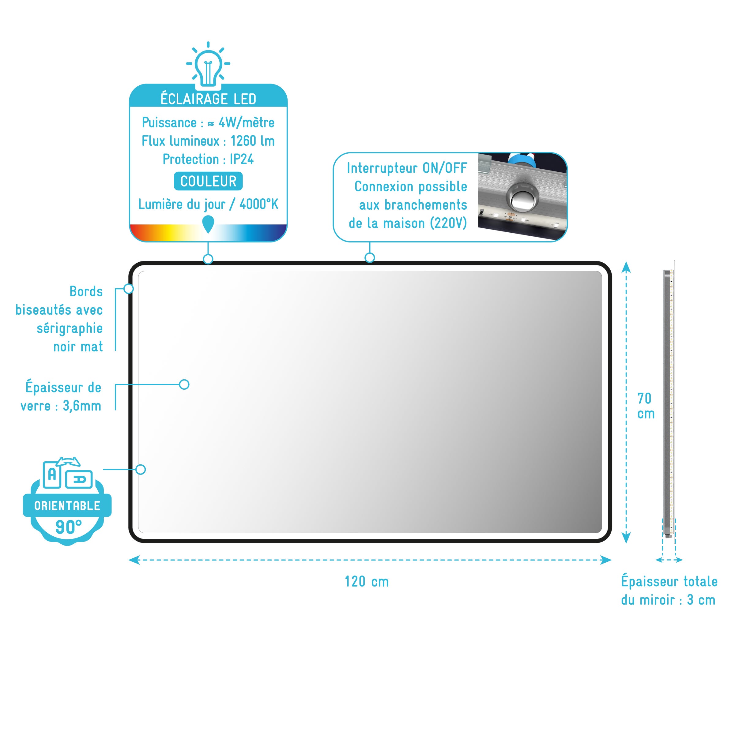 Miroir salle de bain avec eclairage LED et contour noir - 120x70cm - GO BLACK LED - 4