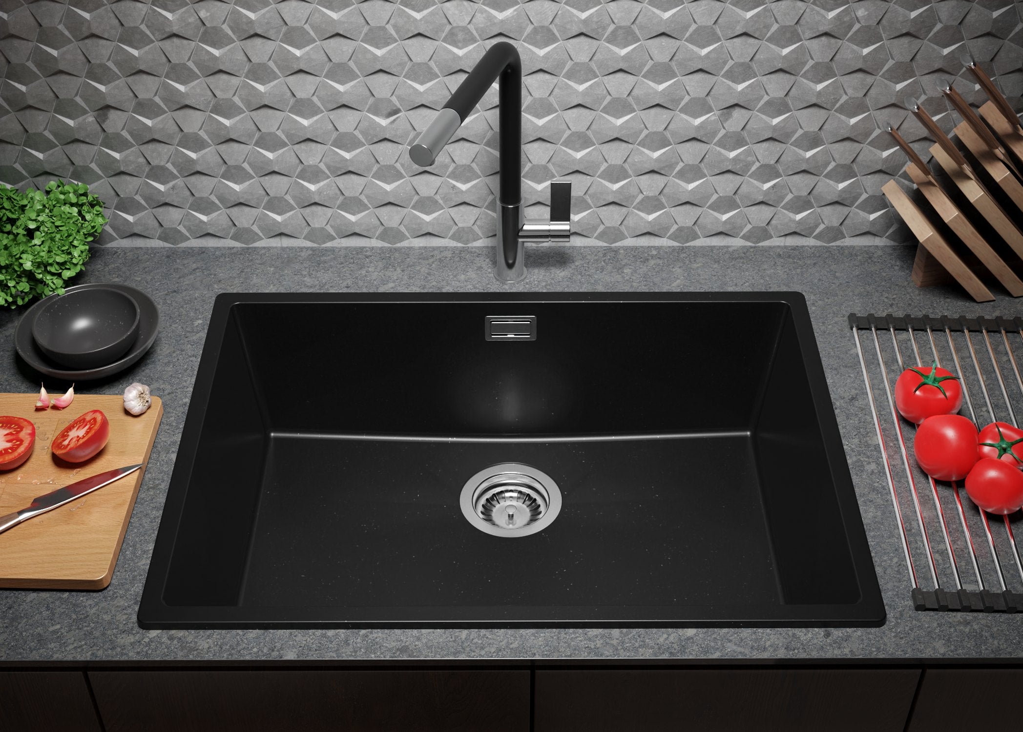 Evier Cuisine en Granit Noir Métallisé 66x47cm, Lavabo 1 bac + Kit de Vidage, Évier à Encastrer au meuble 70cm - London Slim PRIMAGRAN - 3