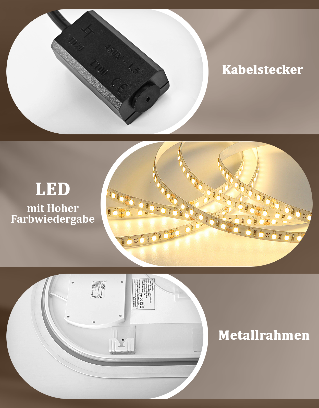 ZMH Lustro łazienkowe Owialne LED 50x80 cm na ścianę dotykowe przeciwmgielne IP44 regulowane 3000K-6500K - 6