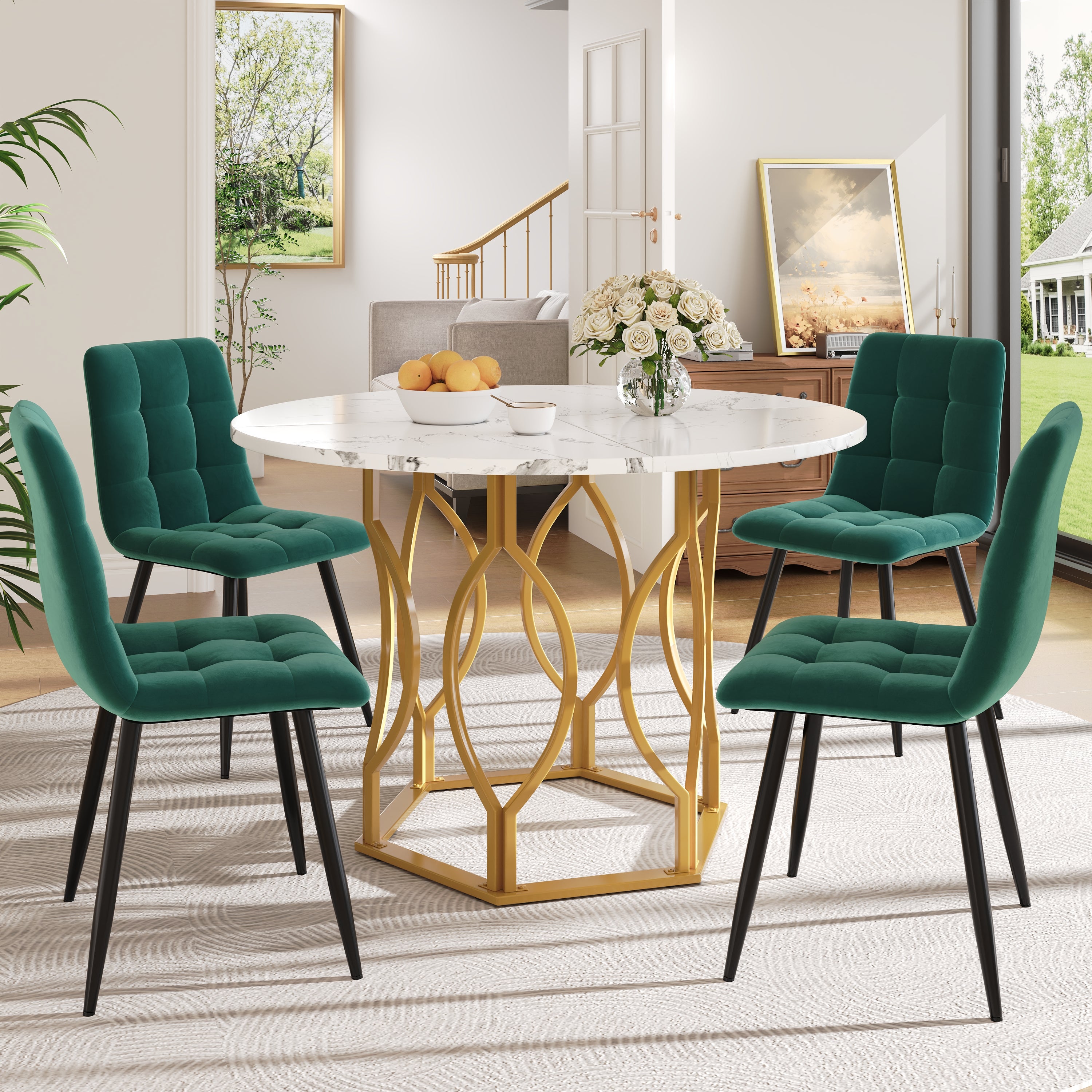 Zestaw okrągły stół jadalny + 4 krzesła welurowe - D 100 x W 76 cm - Blat z płyty MDF marmurkowy i nogi metalowe w kolorze złotym - Zielony + biały