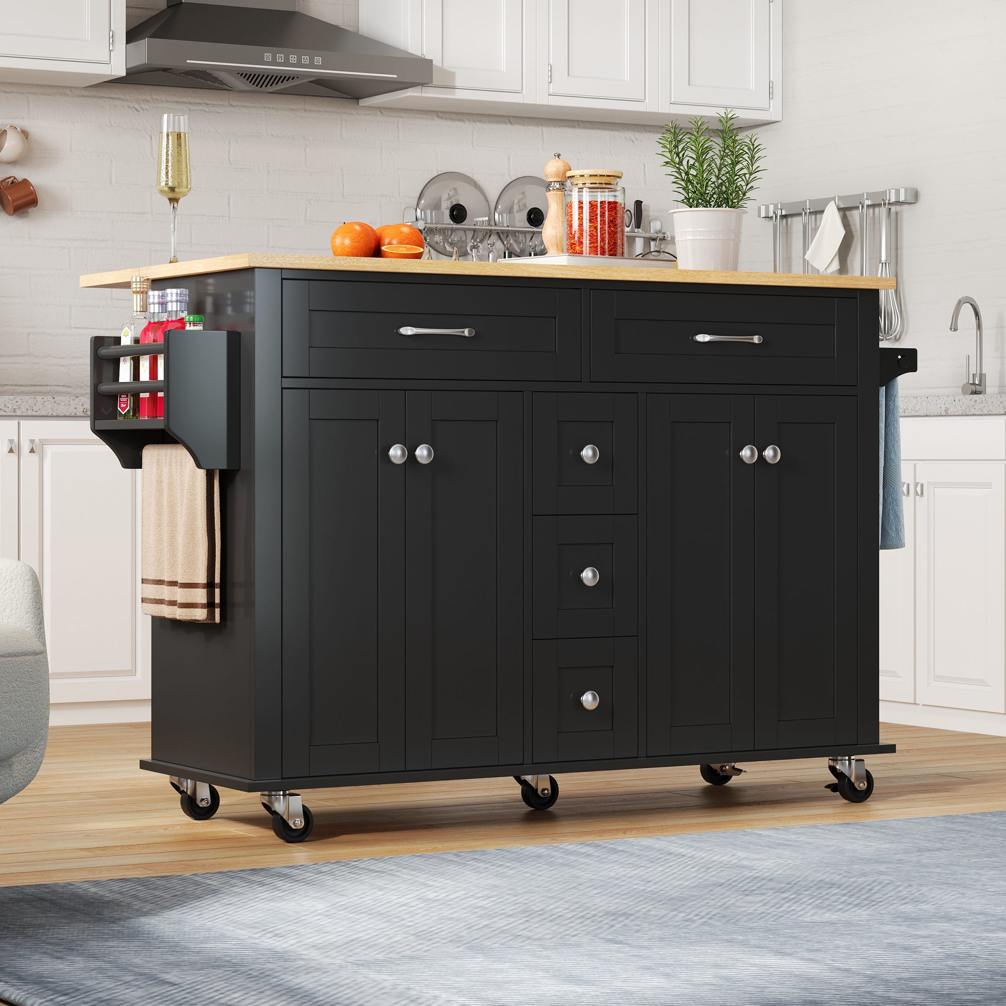 Îlot De Cuisine Roulant Extensible - Blanc Et Noir Avec Tiroirs, Portes Et Table Rabattable - Meuble De Rangement Pratique