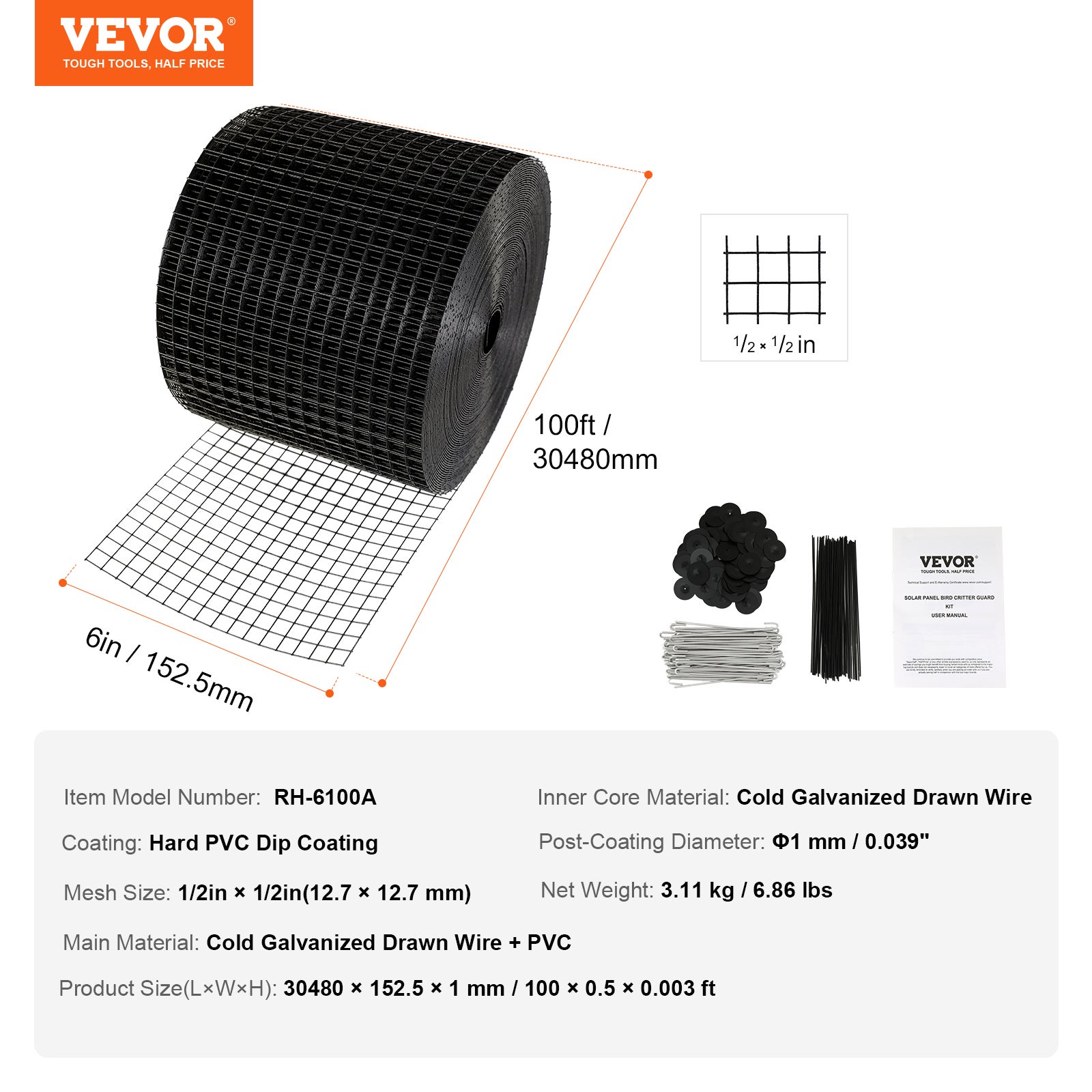Rouleau Grille Protection Panneaux Solaires VEVOR 15,2cm x 30,5m Kit Treillis Anti-Oiseau 60Attaches Inox Revêtement PVC Antirouille Maille Métallique - 7