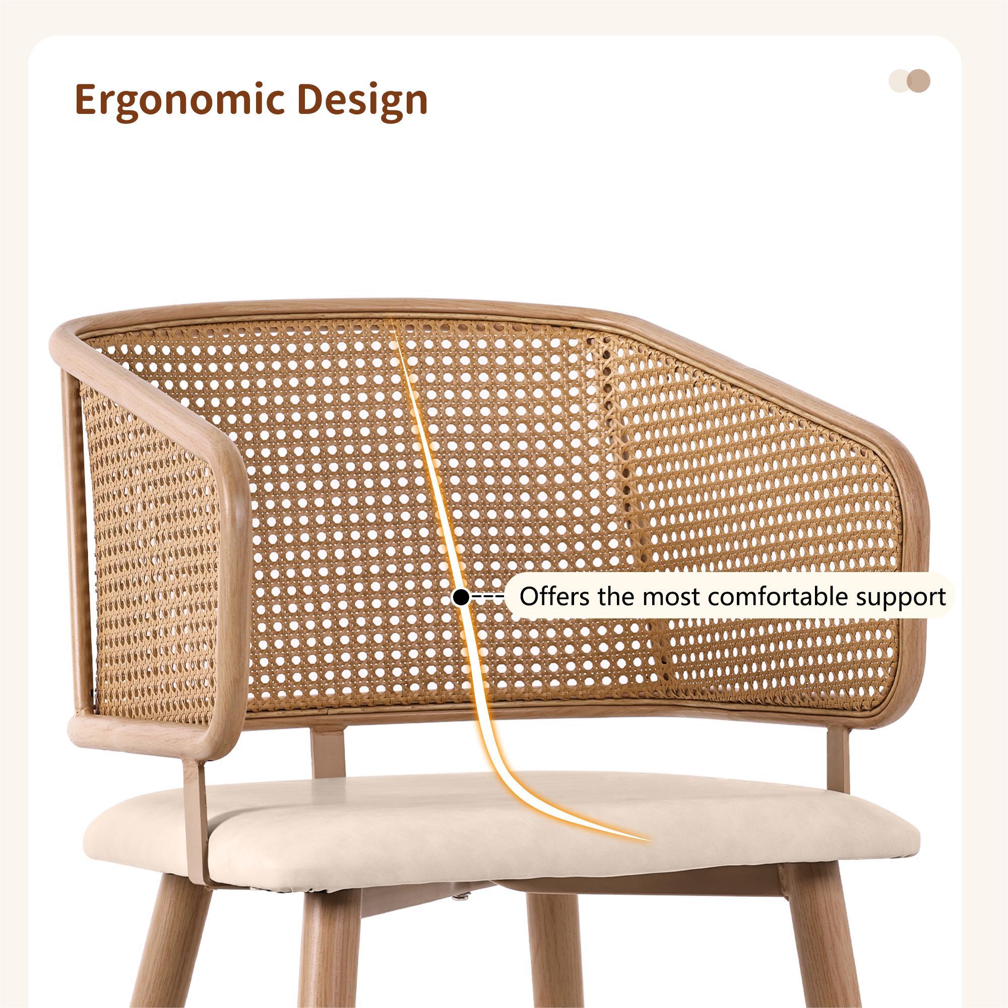 Lot de 2 chaises avec dossier en rotin - coussins en similicuir beige - pieds en métal - Marron - 3