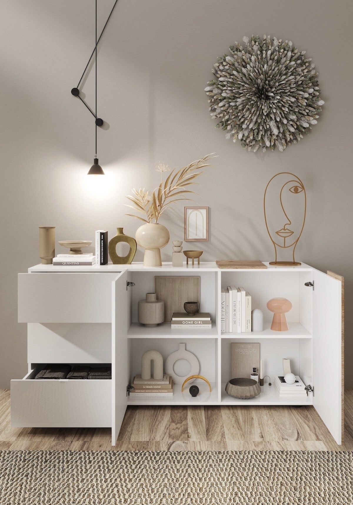 Buffet 2 portes et 3 tiroirs venus blanc laqué brillantkadiz 181 cm