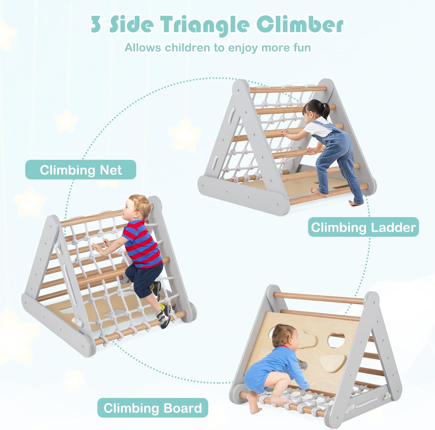 Toboggan Enfant avec Triangle Escalade Montessori, Filet à Grimper, Planche et Échelle, Charge 50KG, pour Bébé 1 An+,Gris - 7