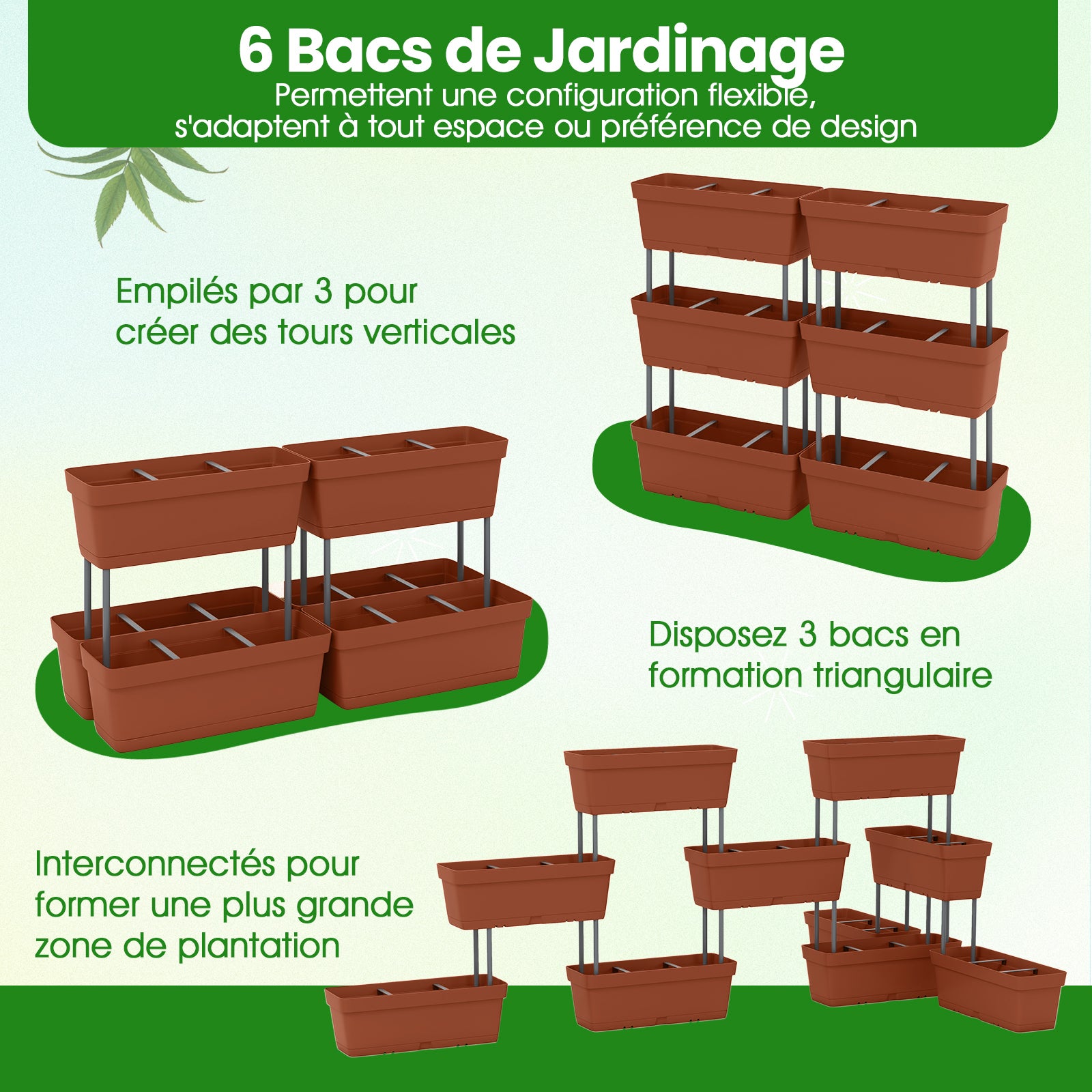 Jardinière Surélevée Vertical avec 6 Bacs de Plantation Trous de Drainage, Lit de Jardin Arrangement DIY pour Fruits Légumes Fleurs Herbes, Marron - 7