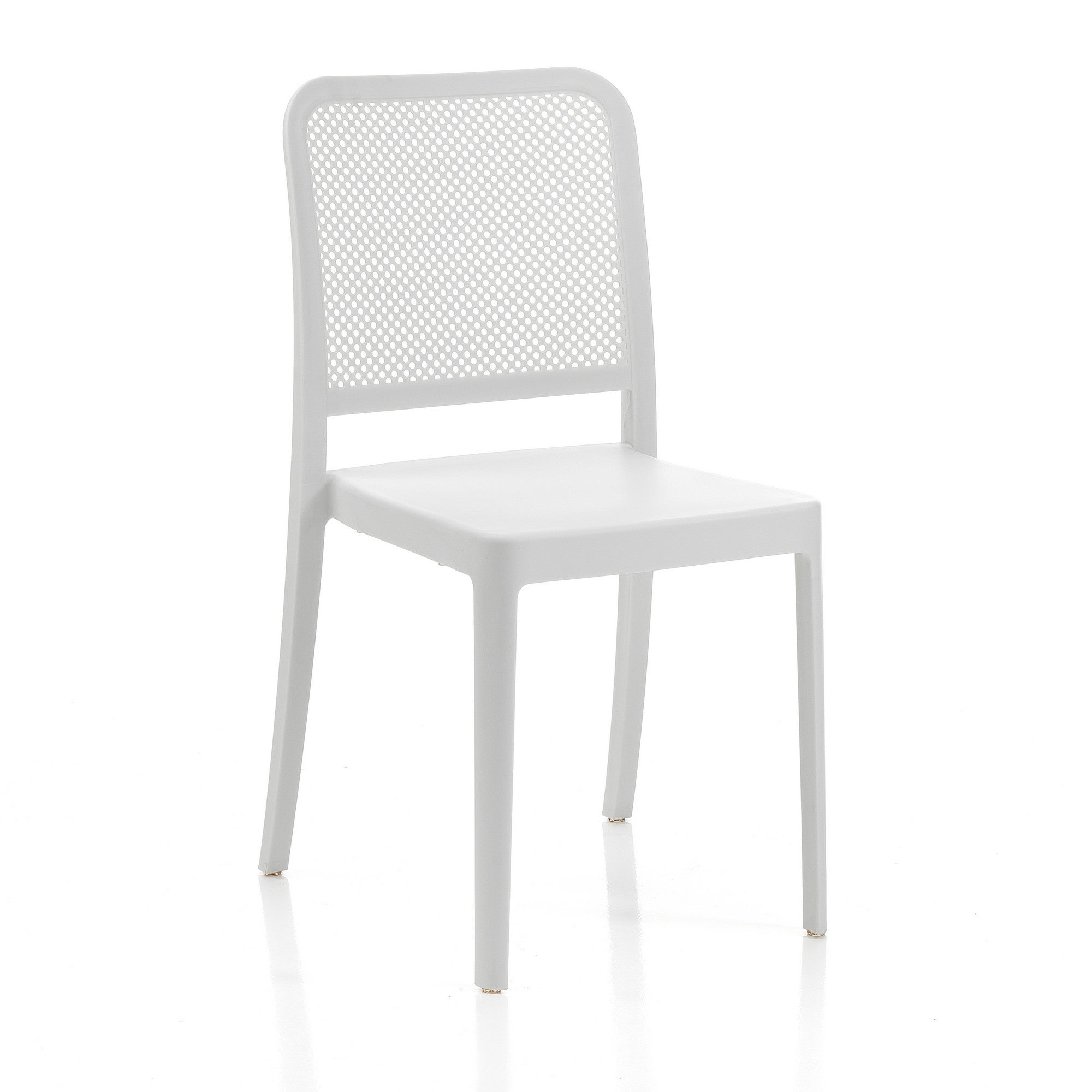 Zestaw 4 krzeseł SABINE WHITE – białe, polipropylenowe, sztaplowane, wys. 86 cm, szer. 43 cm, gł. 50 cm, do użytku wewnątrz i na zewnątrz