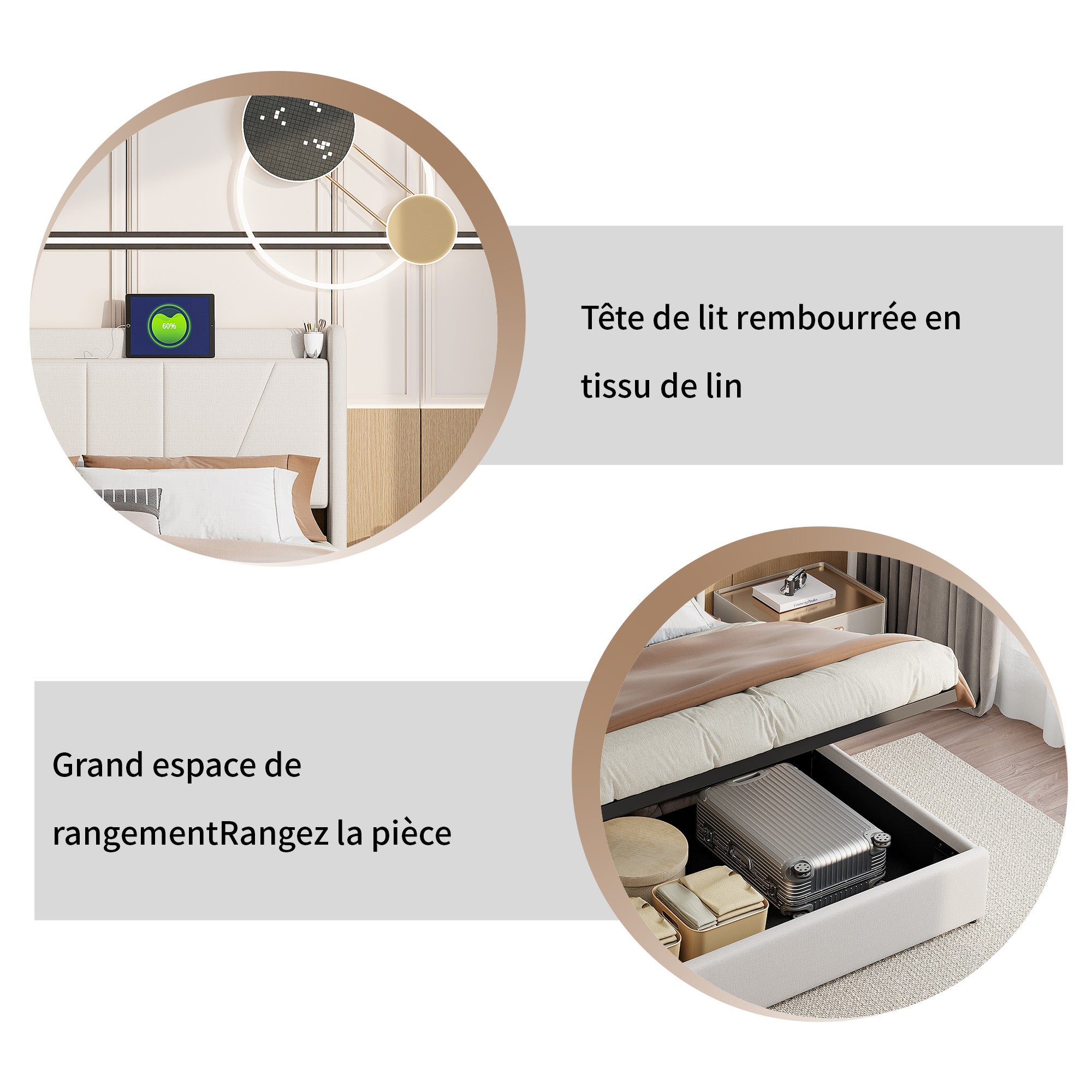 Lit Coffre 160x200 avec USB et Type C, Lit capitonné avec Sommier à Lattes, Lit Double, Beige - 5