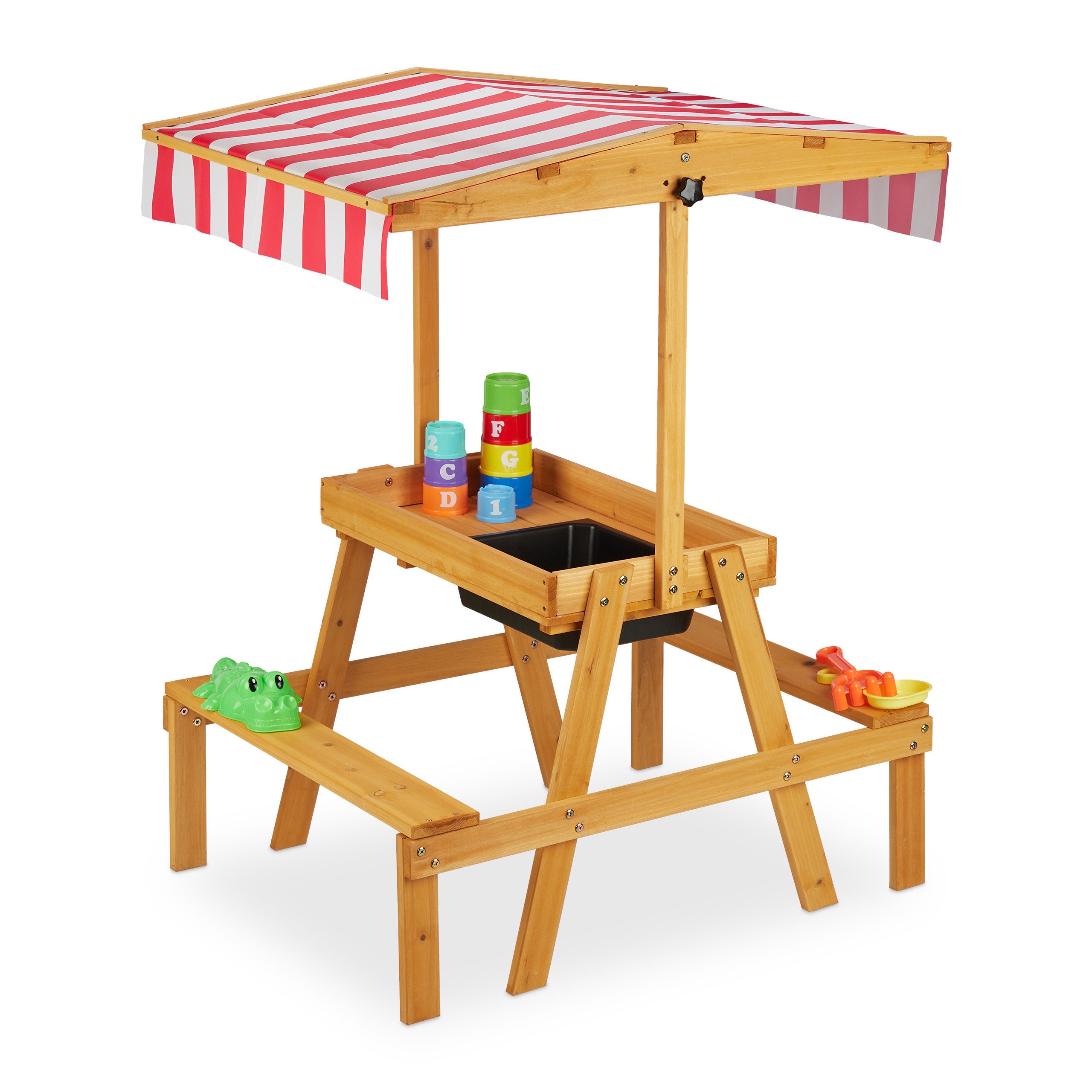 Mesa de picnic para niños con 2 bancos de madera maciza marrón