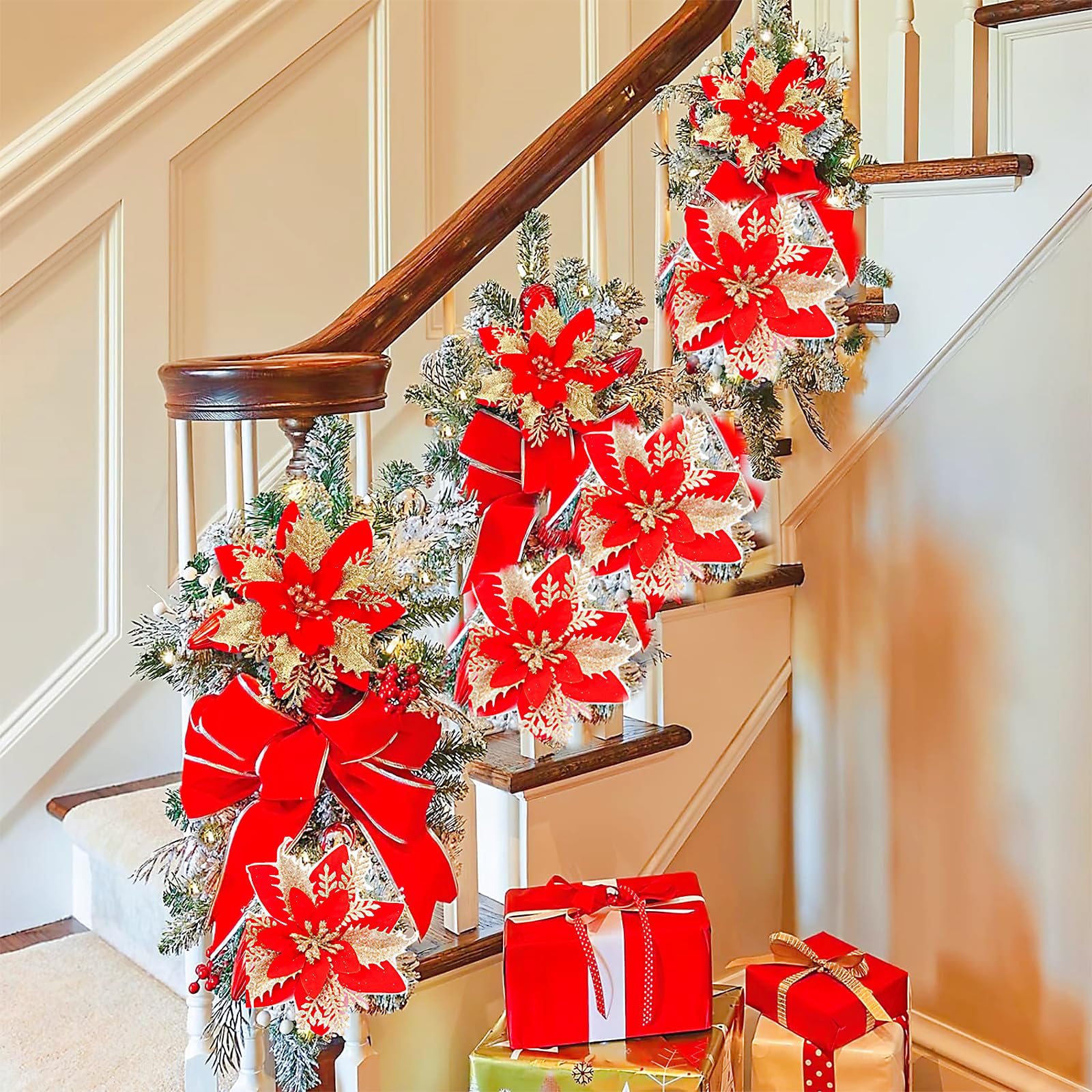 20 pièces décorations de noël, fleurs de noël artificielles avec clips, guirlande d'arbre de noël scintillante pendentifs de fleurs artificielles - 3