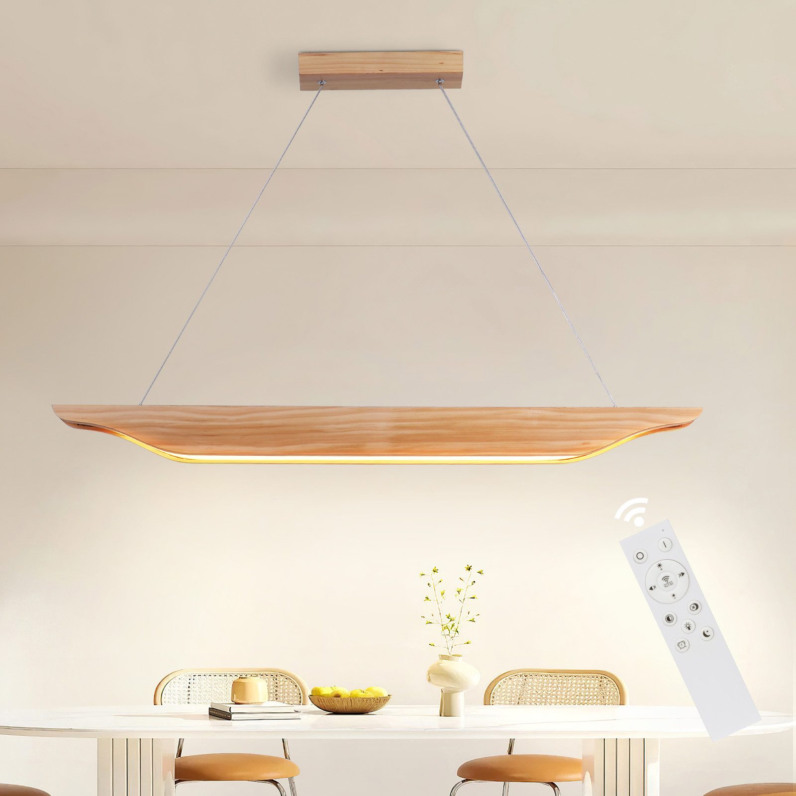 NETTLIFE Lampa wisząca LED w drewnie - nowoczesna lampa stołowa do jadalni 90 cm, ściemniana za pomocą pilota