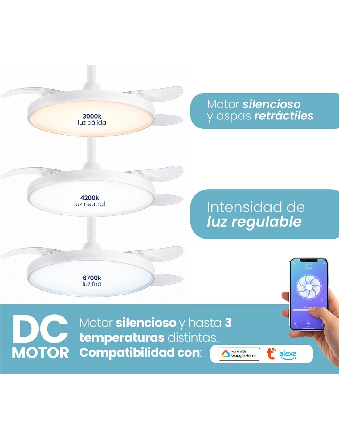 Ventilador de techo Zahara blanco con aspas retráctiles, motor DC, luz LED regulable, WiFi Alexa/Google Home y mando - 4