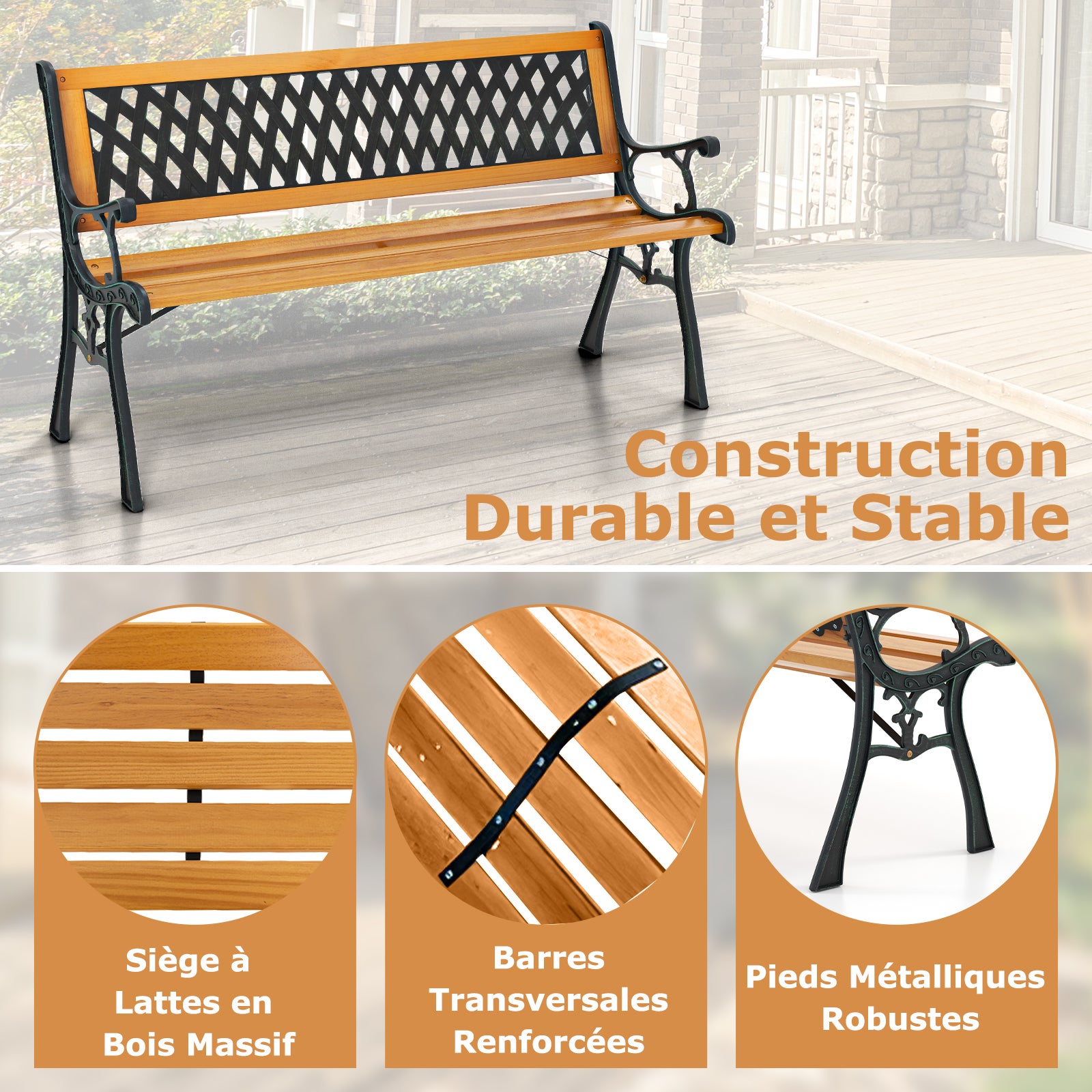 Banc de Jardin d'Extérieur, Banc de Parc pour 3 Personnes, Cadre en Métal Moulé, Siège en Bois de Pin, Accoudoirs, Banc à Lattes, pour Jardin, Parc - 6