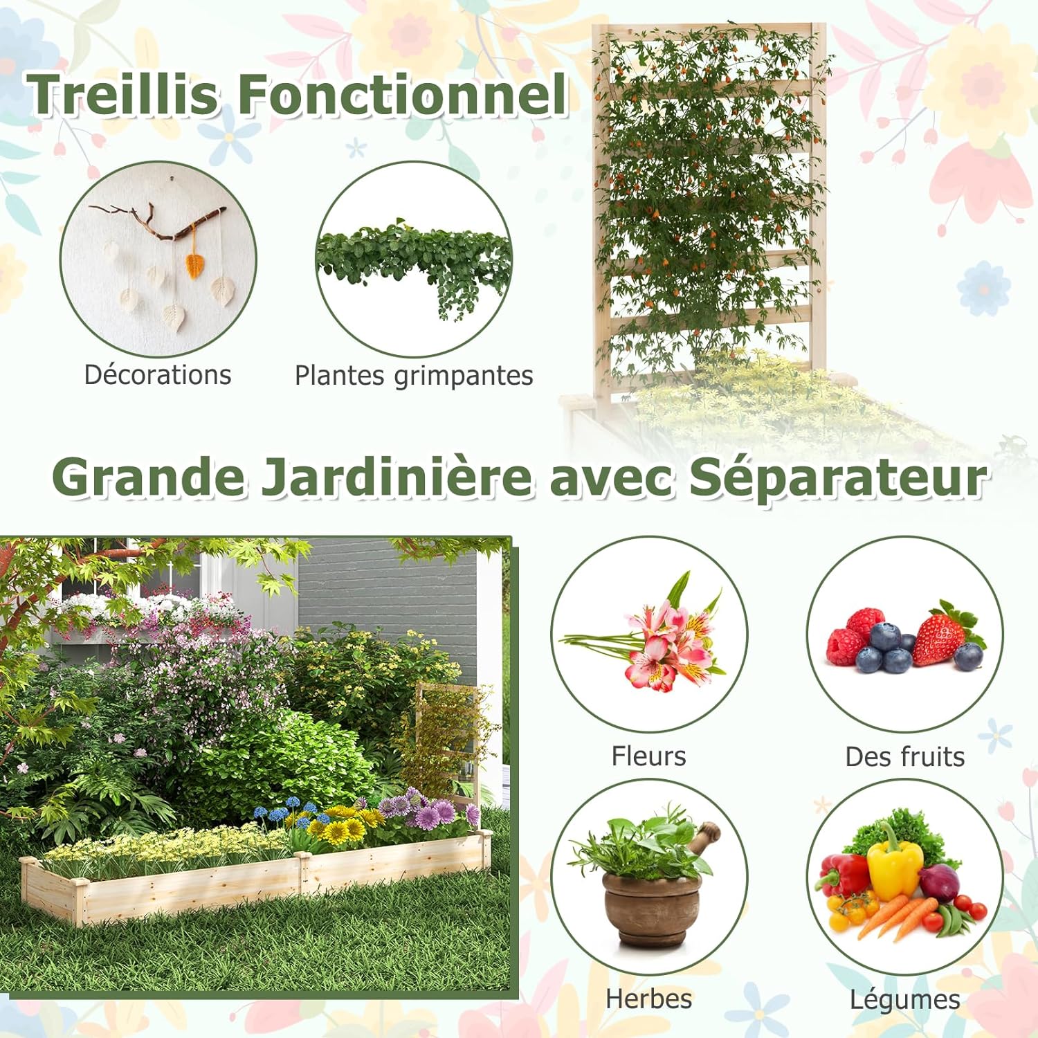 Jardinière Surélevée avec 1 Treillis, Bac à Fleurs Extérieur en Bois avec Compartiments Divisés, Assemblage DIY - 5