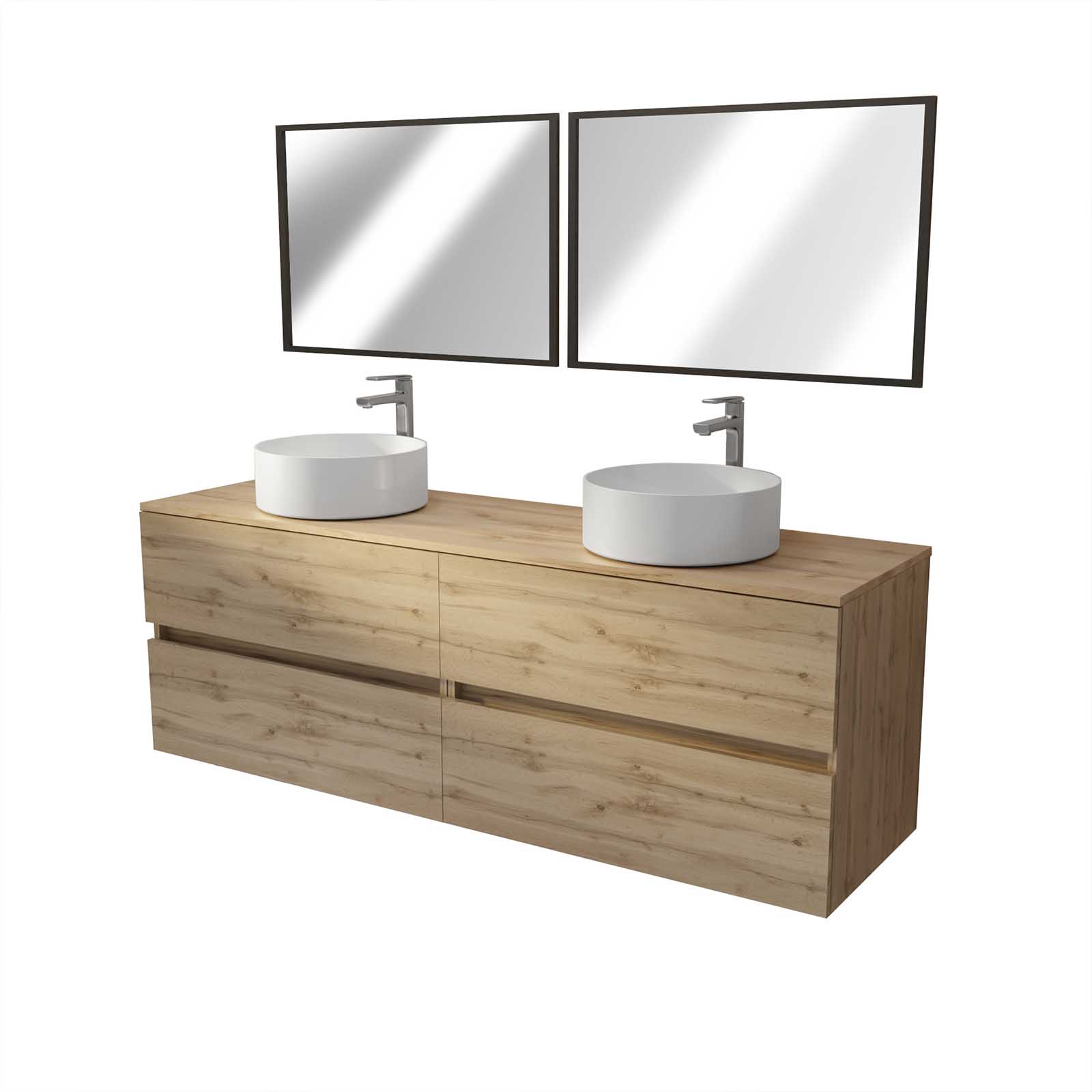 Meuble Salle de Bains 160 TIMBER Décor Chêne 4 Tiroirs Plan Vasques à Poser Blanches 2 Miroirs 75x55 - 3